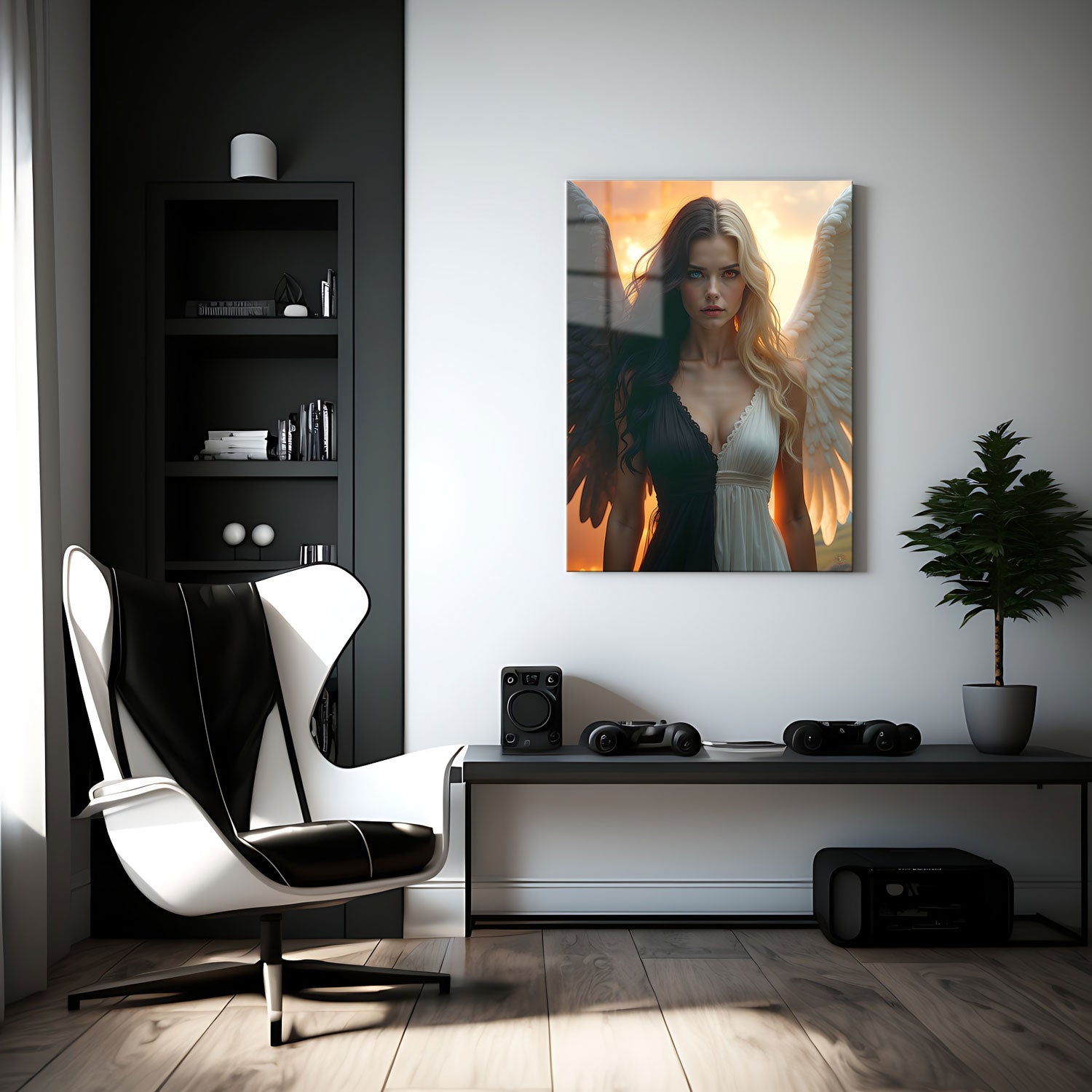 Her piercing gaze, with one eye dark and the other glowing with light, reflects the inner struggle between two opposing forces.