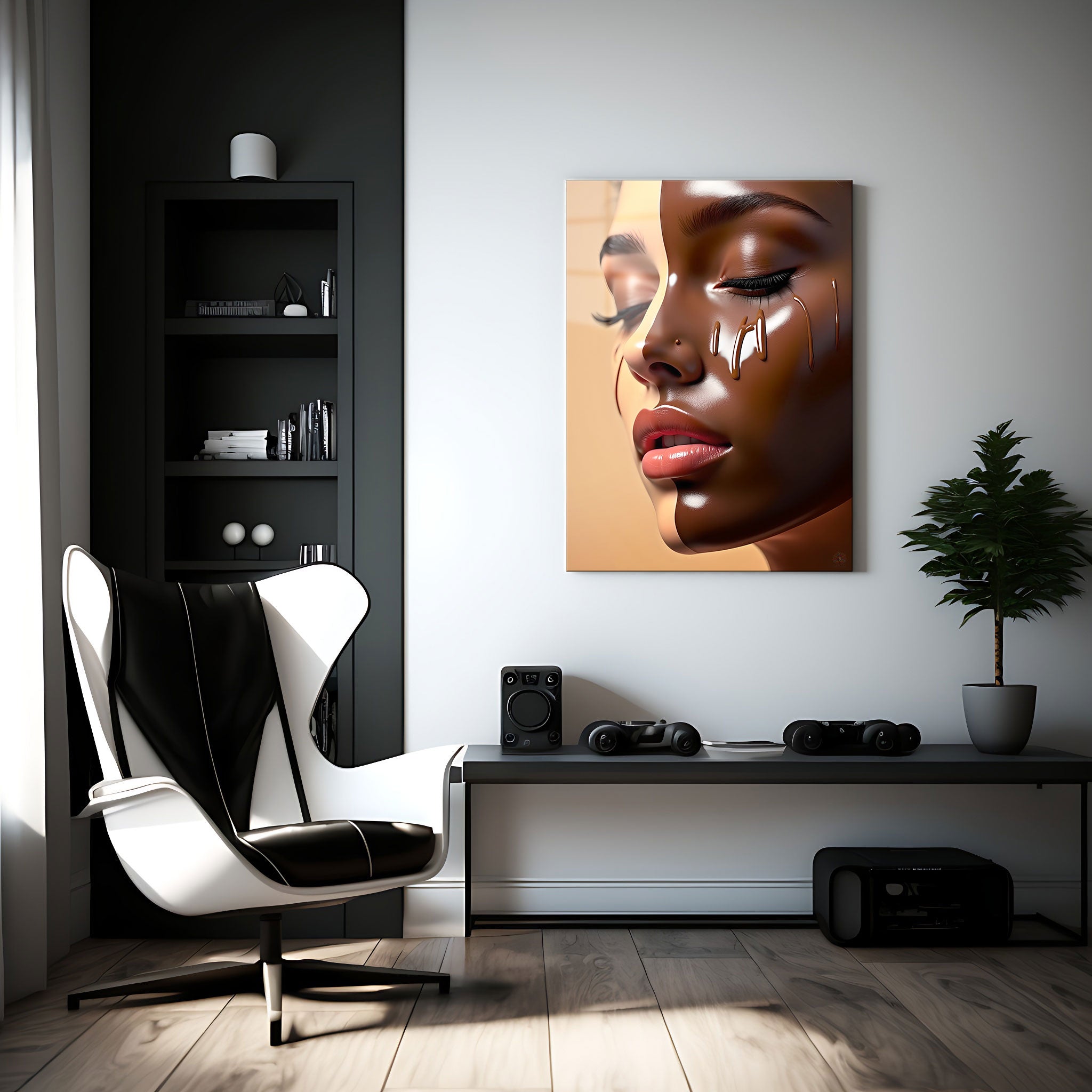 The glossy, almost liquid-like texture of the skin, enhanced by softly melting streaks, evokes the fluidity of identity and the way we perceive ourselves in a world of shifting definitions.