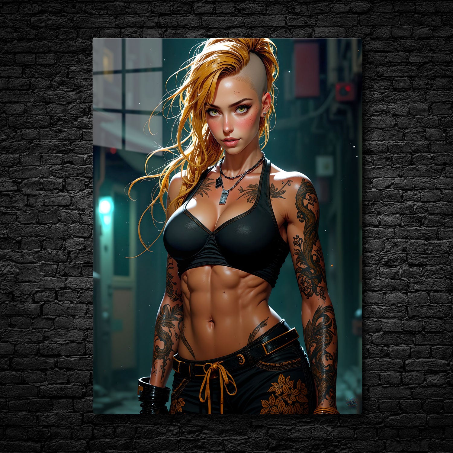 In "Urban Warrior," strength, rebellion, and fierce confidence come together in a captivating display of modern power. Set against a gritty urban backdrop, this striking figure exudes boldness, with intricately detailed tattoos that symbolize her resilience and journey.