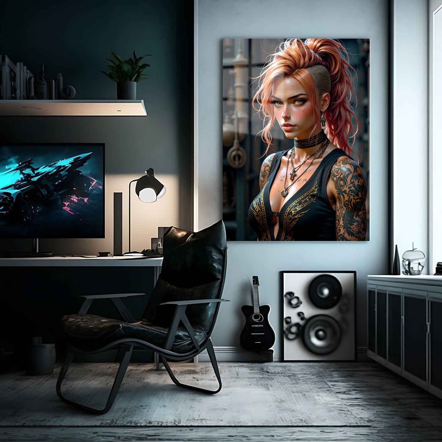 Her fiery pink hair, styled in a bold undercut with a high ponytail, accentuates her daring look, while her piercing gaze speaks volumes of her inner power.