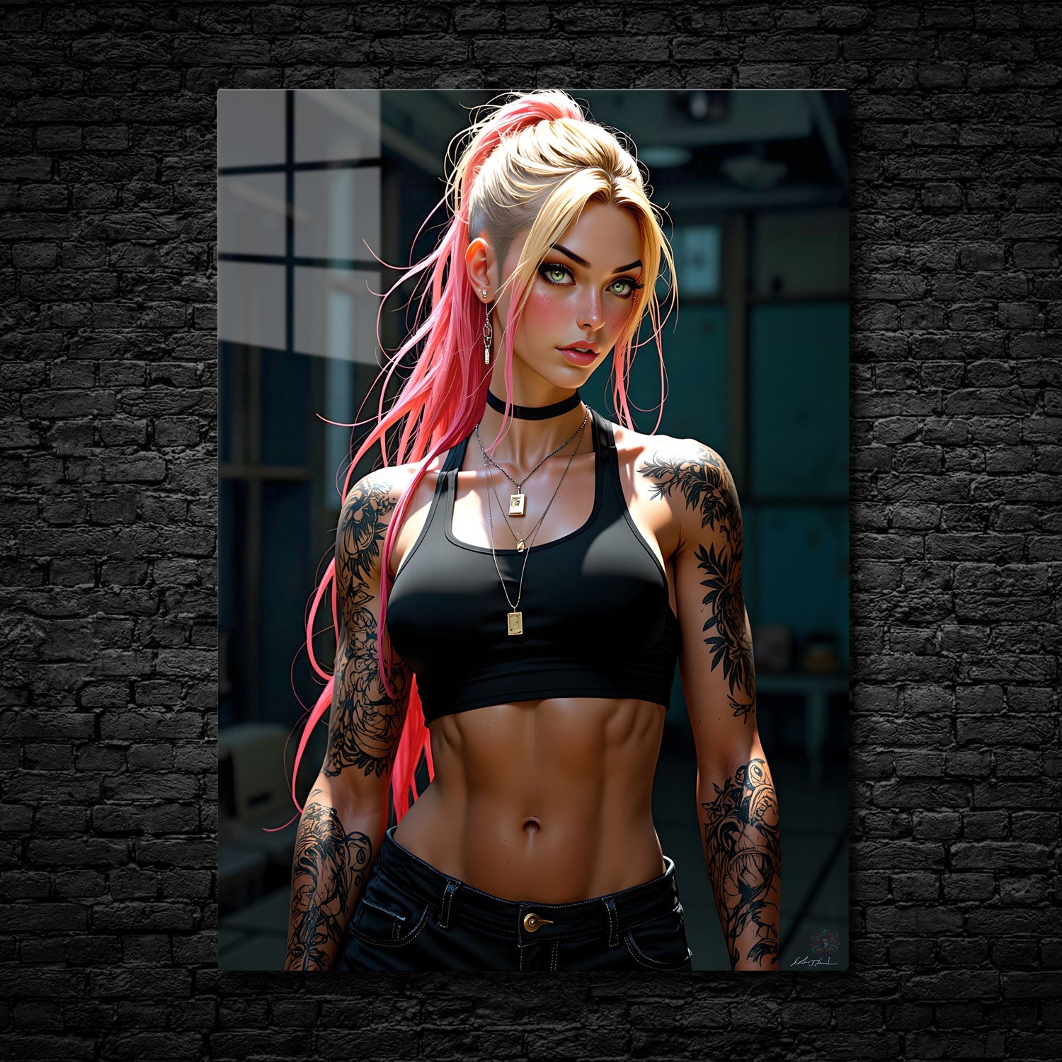 In "Ink and Fire," the embodiment of strength, beauty, and rebellion is vividly captured through a striking contrast of fiery pink hair and intricately inked tattoos.