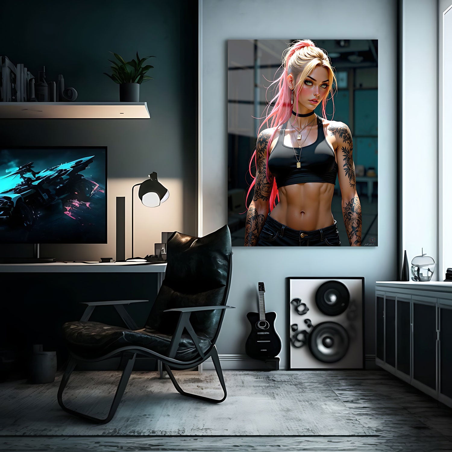 This powerful figure exudes confidence, with her sculpted physique reflecting physical and inner strength. The long, flowing locks of vibrant hair paired with her piercing green eyes create a dynamic energy that radiates from the image.