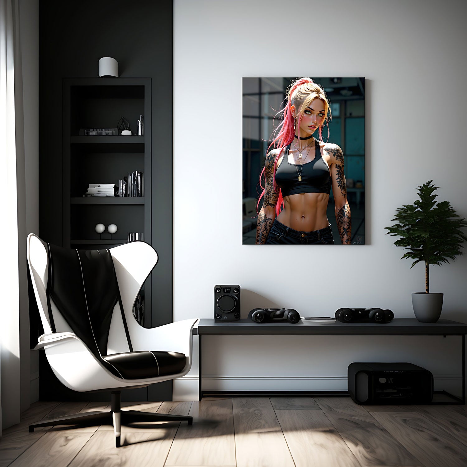 Her tattoos, bold and intricate, tell a story of resilience and individuality, while the minimalist, edgy attire enhances her raw and untamed aura.