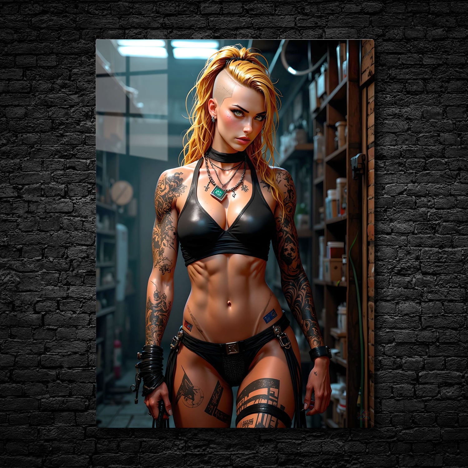 "Rebel Soul" encapsulates the essence of raw defiance and fearless individuality. With her intense gaze, fiery golden hair, and muscular form adorned with intricate tattoos, this figure commands attention.