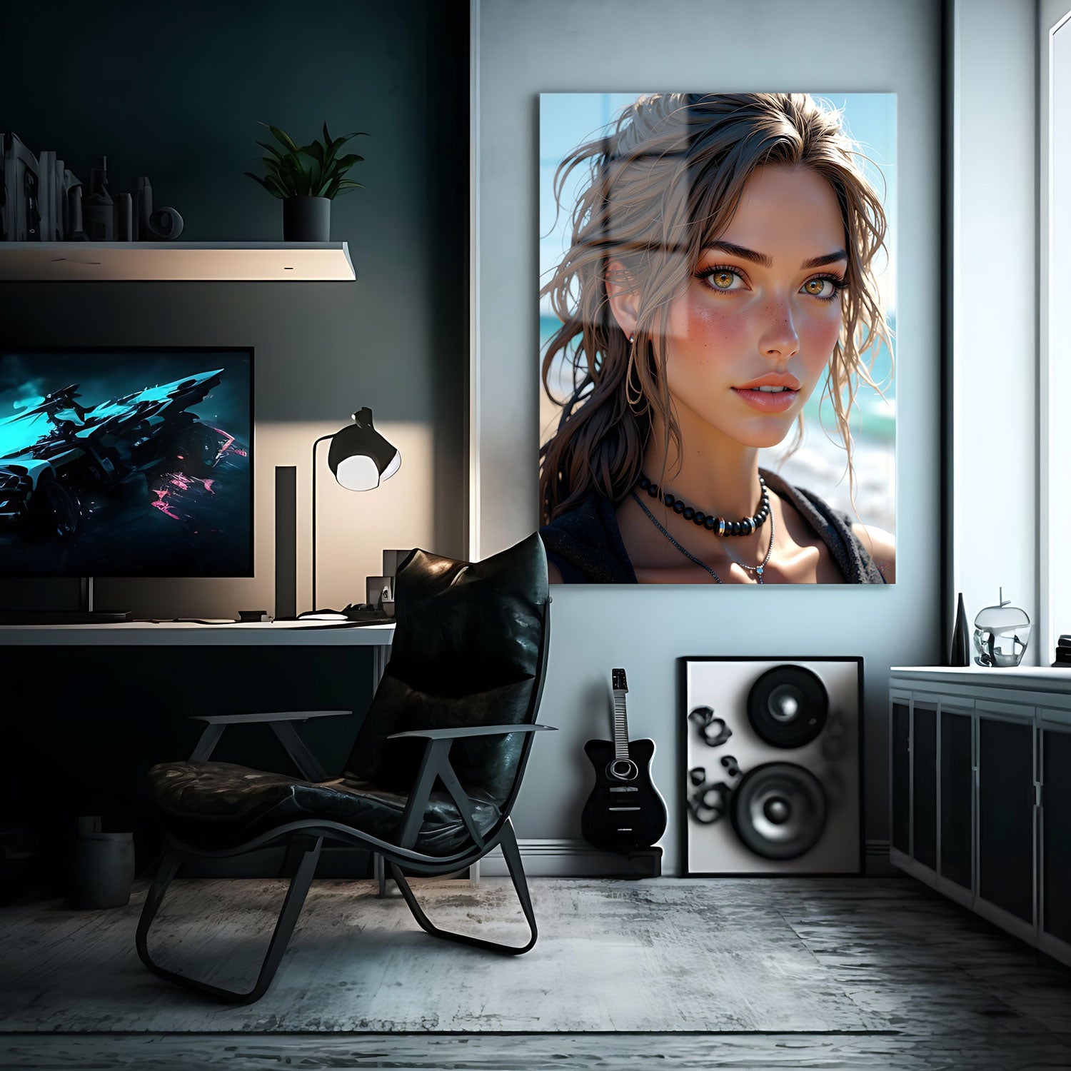 Windswept hair frames her face, capturing the effortless essence of coastal living. With soft, natural tones and a calm yet captivating gaze, she embodies the tranquility of the shore.