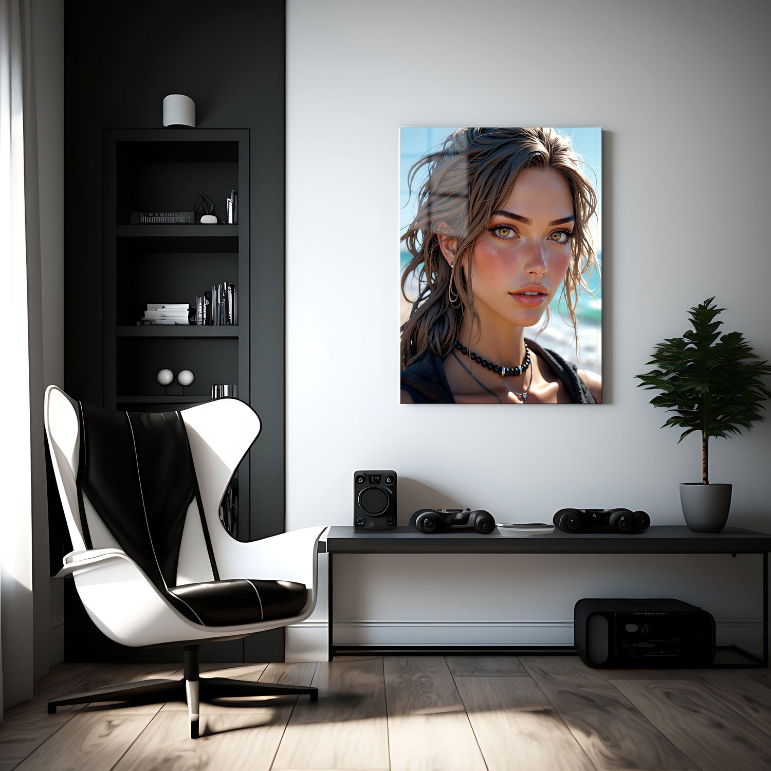 The beaded choker and layered necklaces hint at a free spirit, perfectly complementing the peaceful ambiance of the ocean.