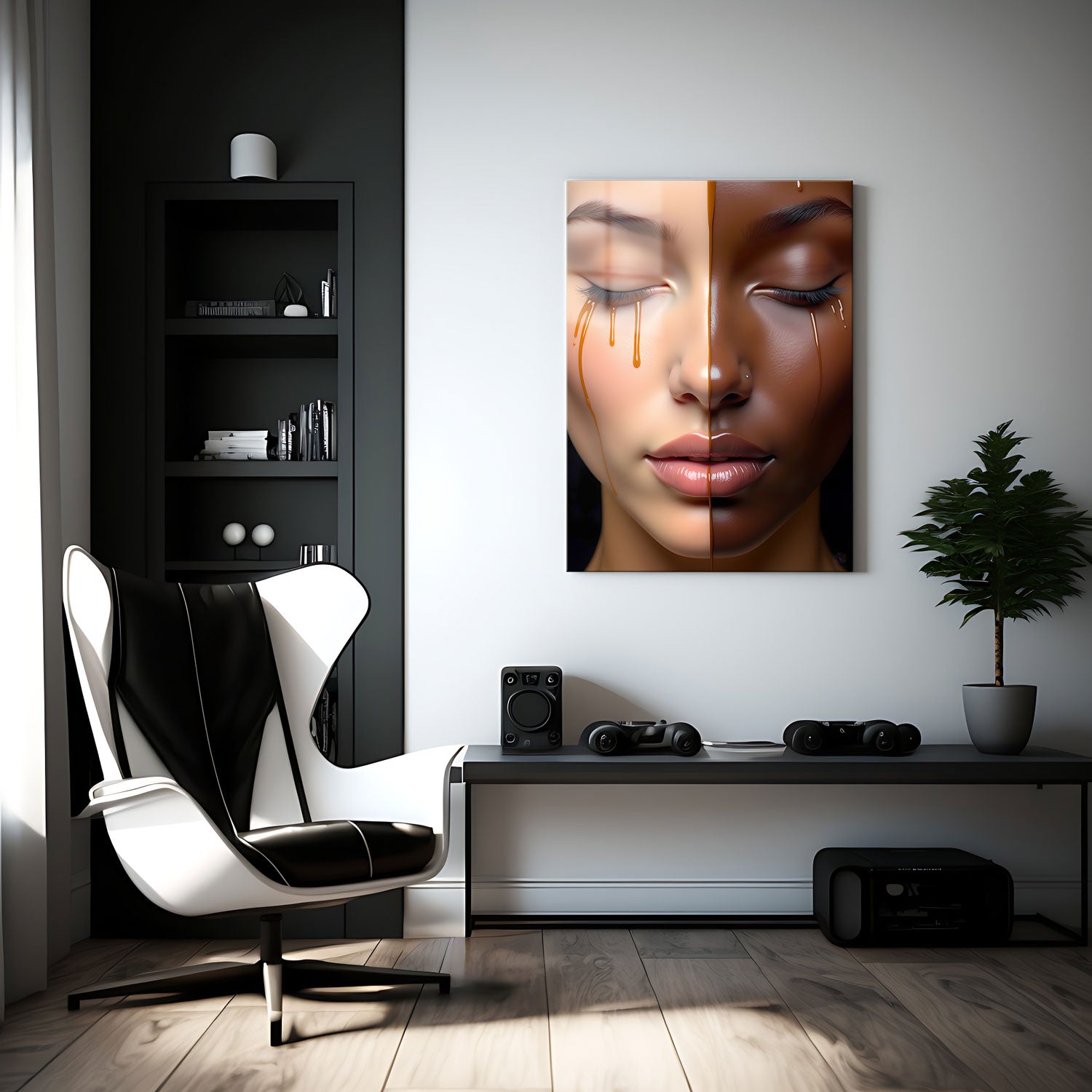 The dripping, honey-like substance running down each side represents the blending of cultures, experiences, and emotions that shape who we are. With eyes closed, the subject seems to reflect inwardly, suggesting a journey of self-discovery and acceptance.