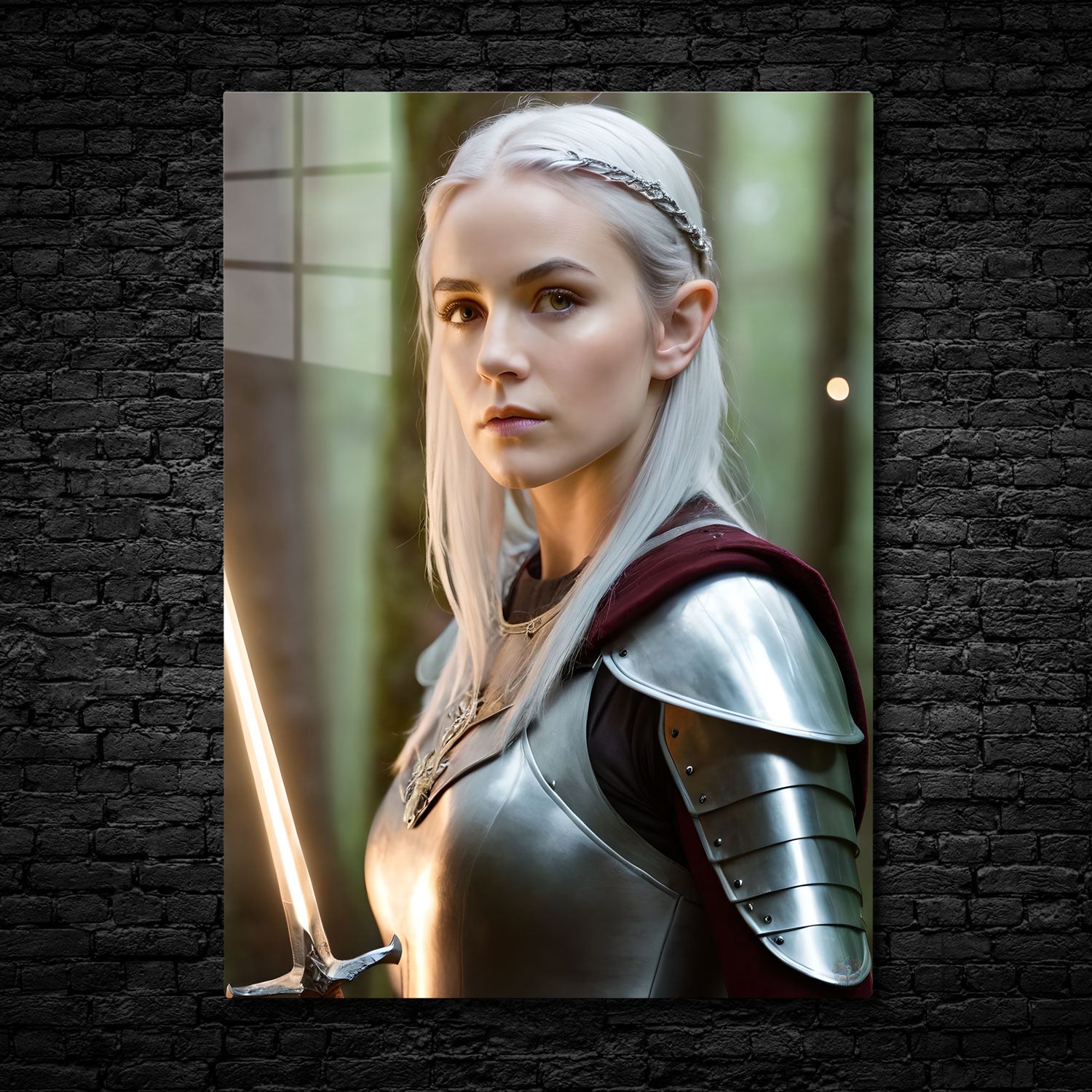 n "Guardian of the Silver Grove," a fierce and noble warrior stands amidst an enchanted forest, her gleaming armor a testament to her strength and duty.