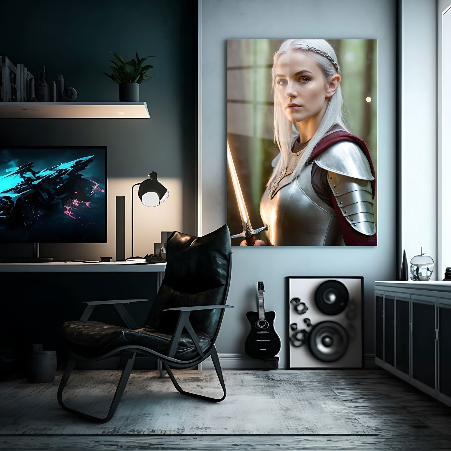 With her silver hair flowing like moonlight, she grips a glowing sword that radiates with ethereal power.