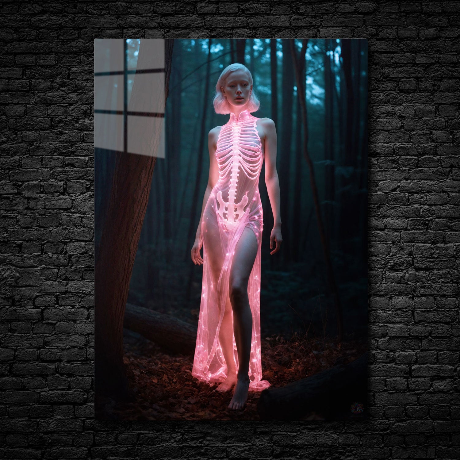 In "Luminous Specter," a haunting yet ethereal figure emerges from the depths of the forest, her glowing silhouette radiating with an otherworldly pink light.