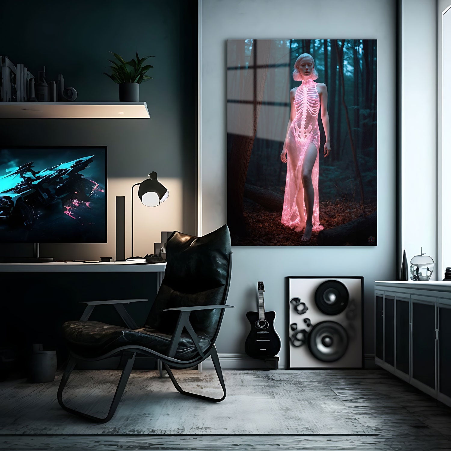 Draped in a translucent gown that mimics the form of a skeleton, the luminous design blurs the line between life and the ethereal.