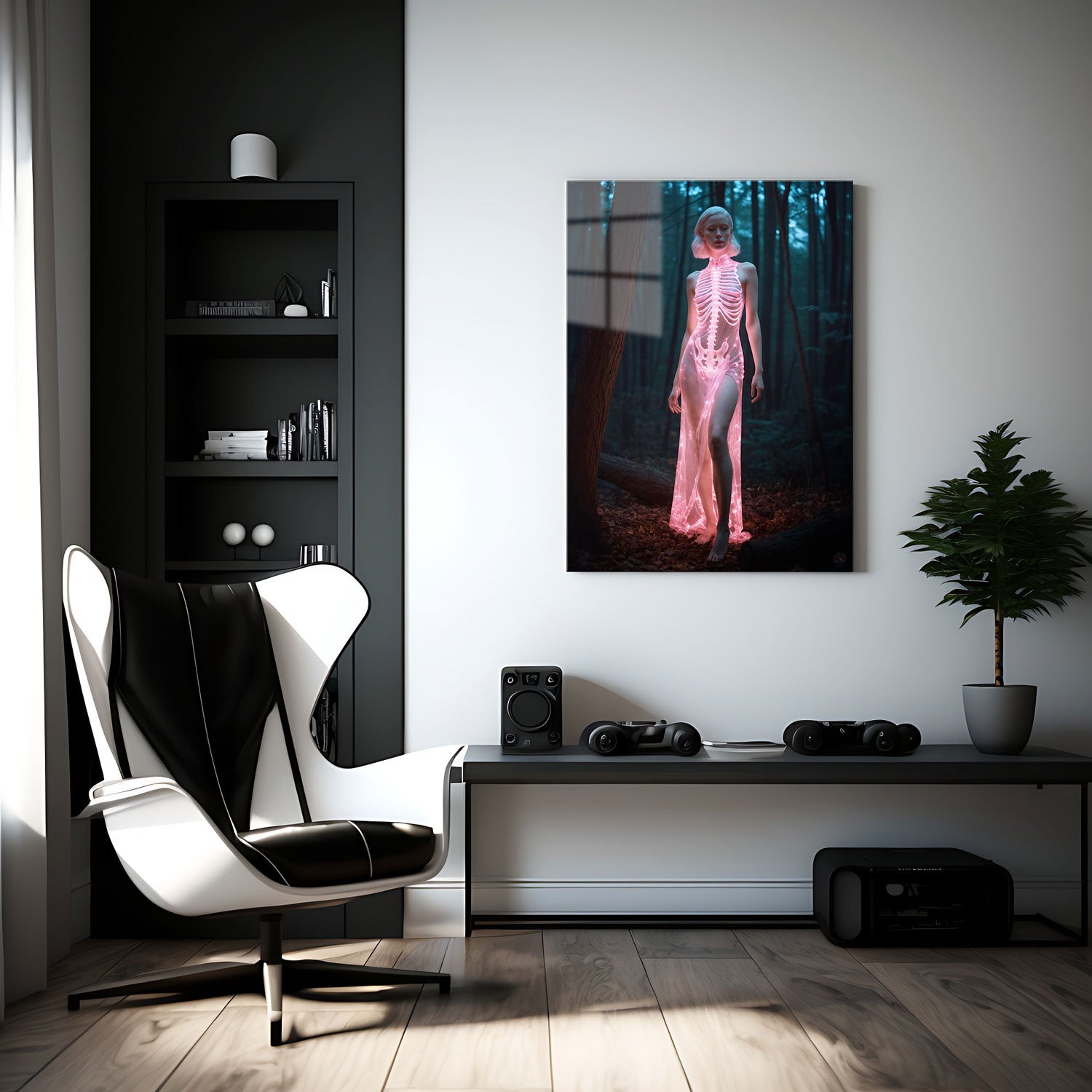 Her pale skin contrasts with the eerie glow, creating a captivating presence that feels both fragile and powerful.