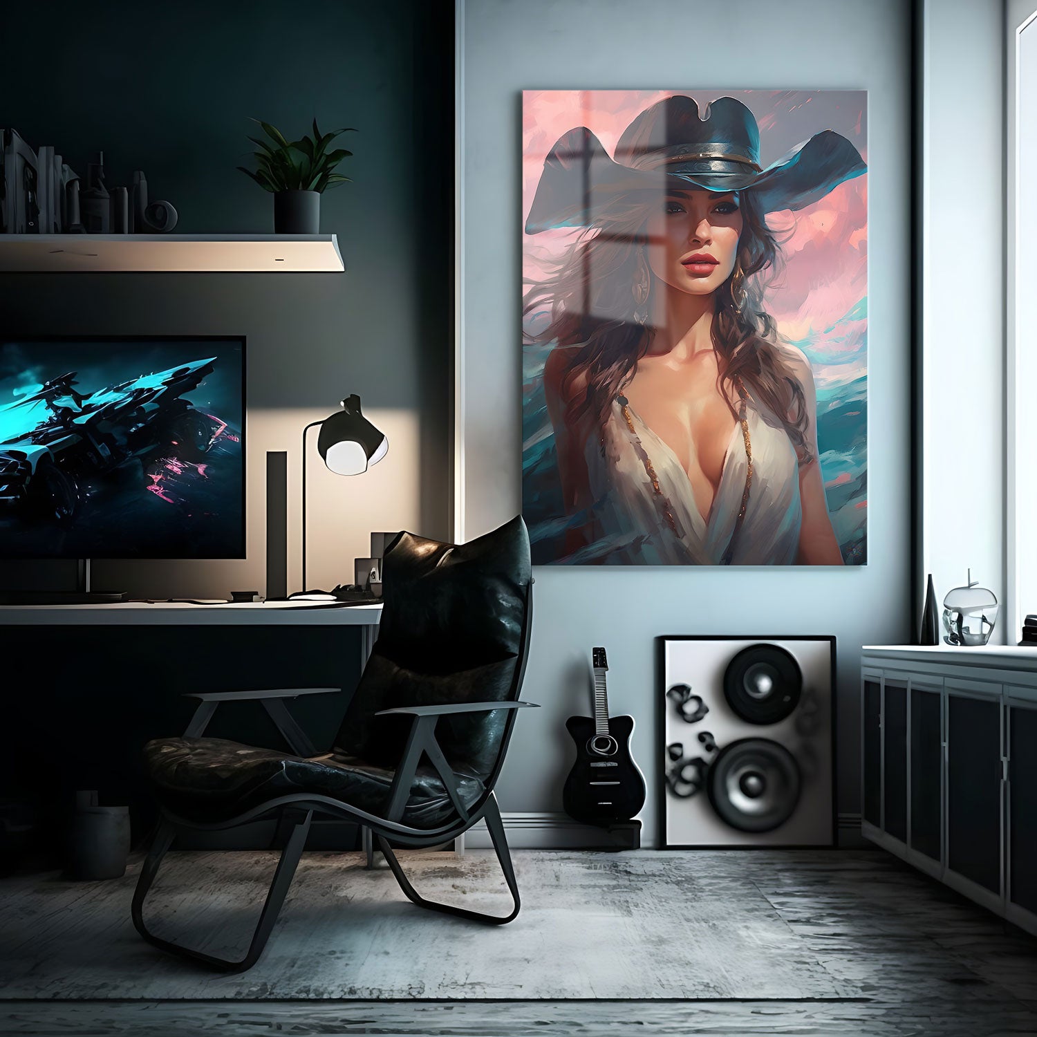 With her wide-brimmed hat casting a mysterious shadow over her face and her flowing hair caught in the wind, she appears as an enigmatic wanderer, confident and untamed.