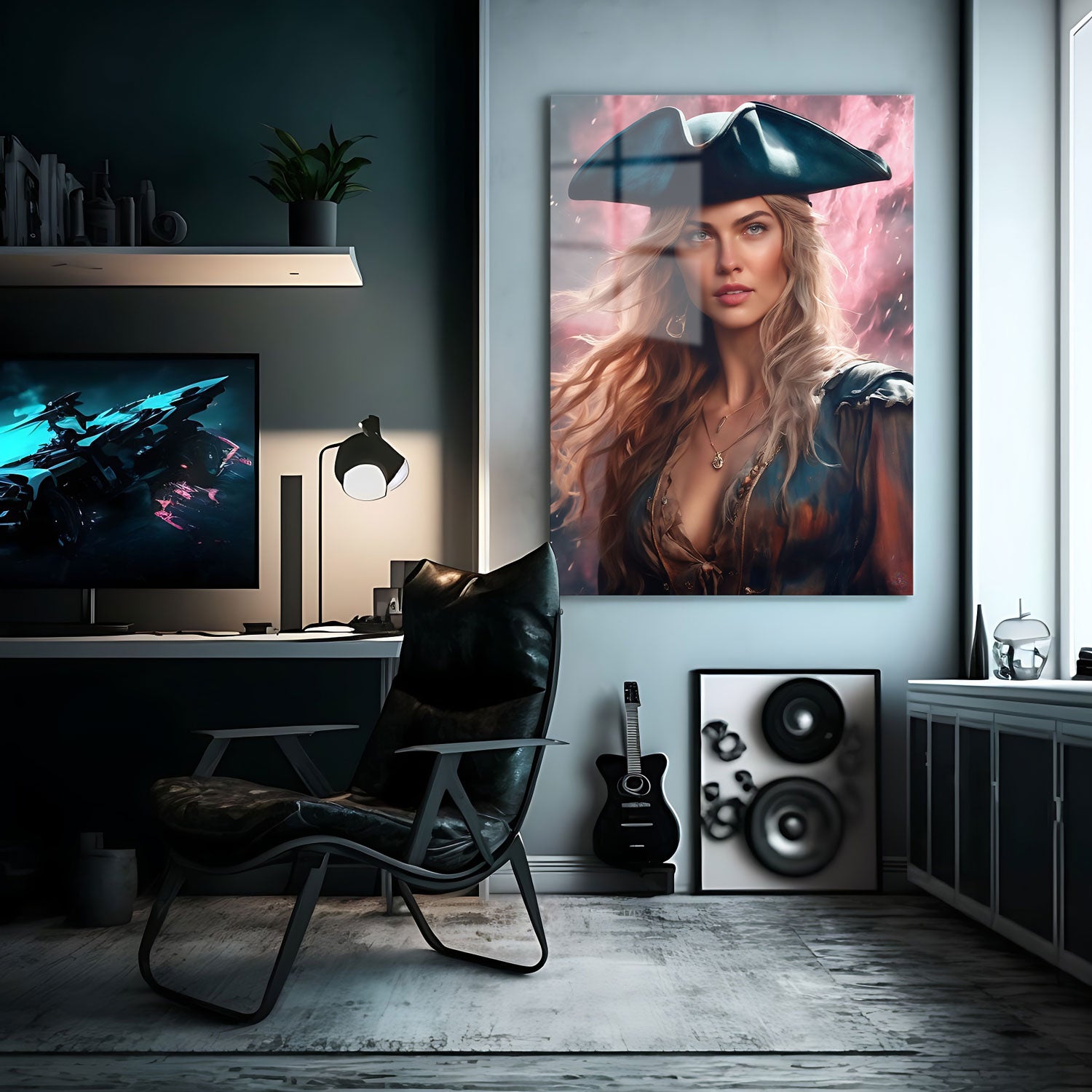 Clad in weathered yet regal pirate attire, she stands with the strength of someone who has conquered the seas.