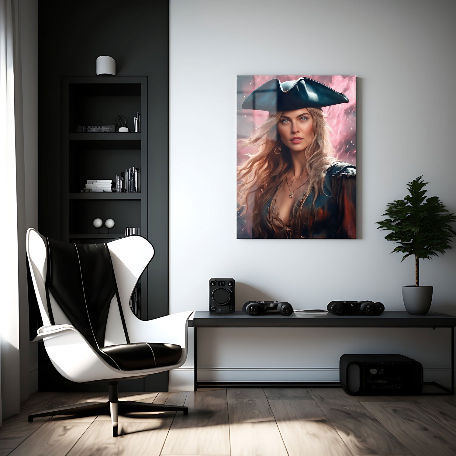 Her windswept blonde hair and piercing blue eyes capture the essence of the ocean, fierce and untamed, while the tricorn hat perched on her head speaks to her authority and leadership.