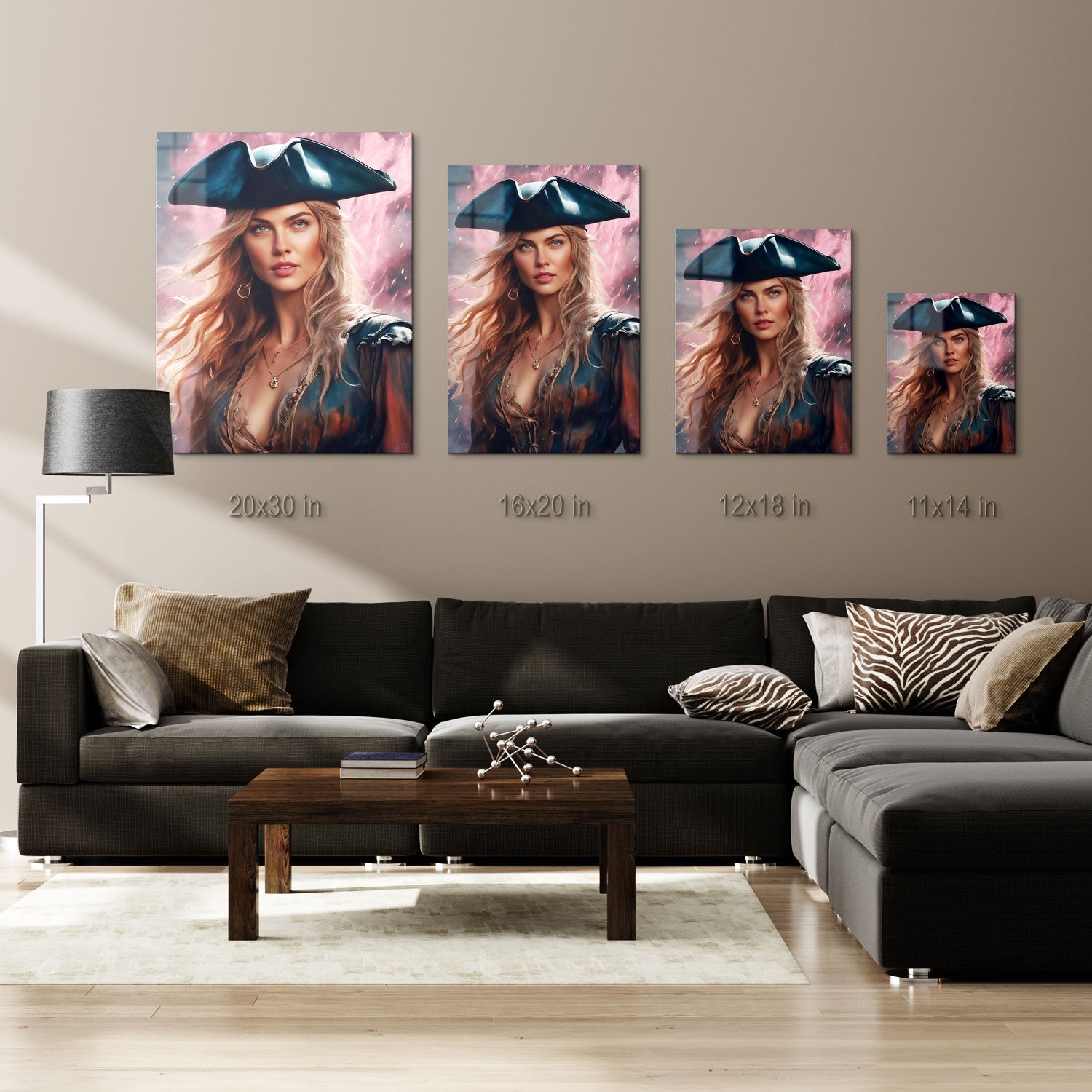 The vibrant storm clouds behind her mirror the tempest within, creating an atmosphere of adventure and danger.