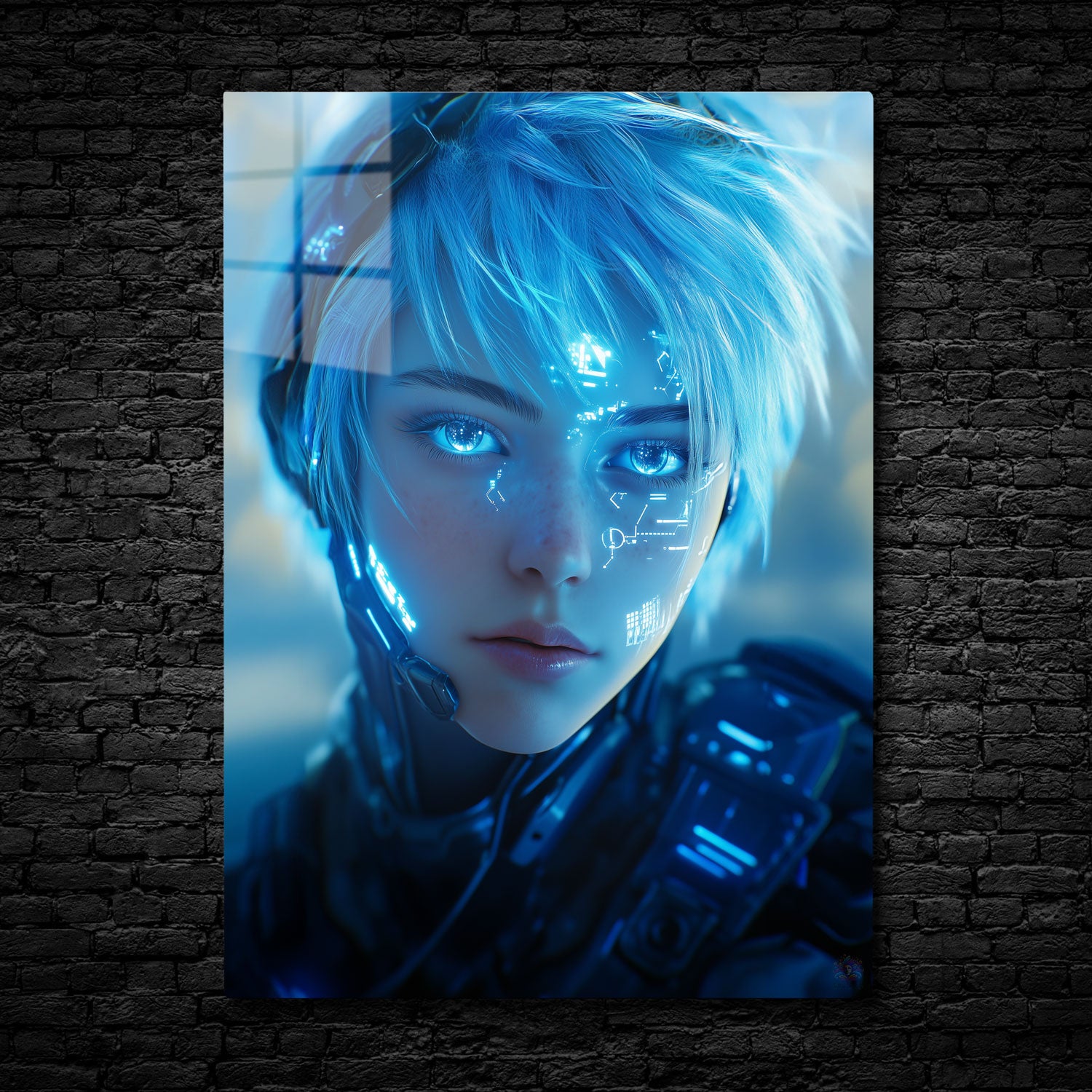 In "Neon Sentinel," a captivating futuristic figure emerges from a world illuminated by glowing blue lights. Her piercing, luminescent eyes reflect a depth of intelligence and purpose, while intricate digital patterns flicker across her face like a map of interconnected data.
