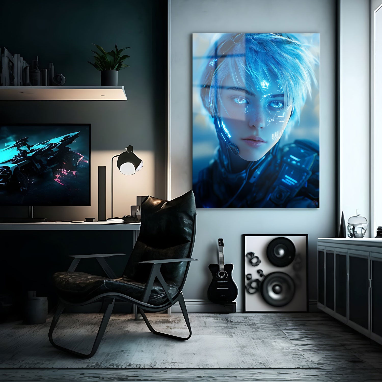 With sleek, cybernetic enhancements and vibrant blue hair that mirrors the neon glow of her environment, she embodies the perfect blend of humanity and technology.