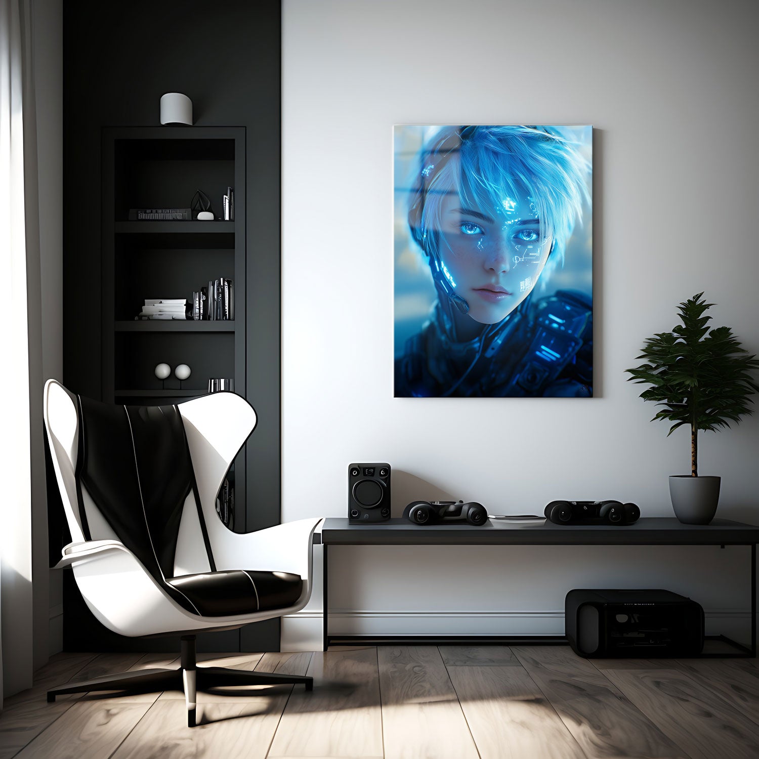 Her calm, yet focused expression suggests that she is more than just a soldier of the future—she is a guardian of knowledge, equipped with the power to navigate the complexities of a digital world.