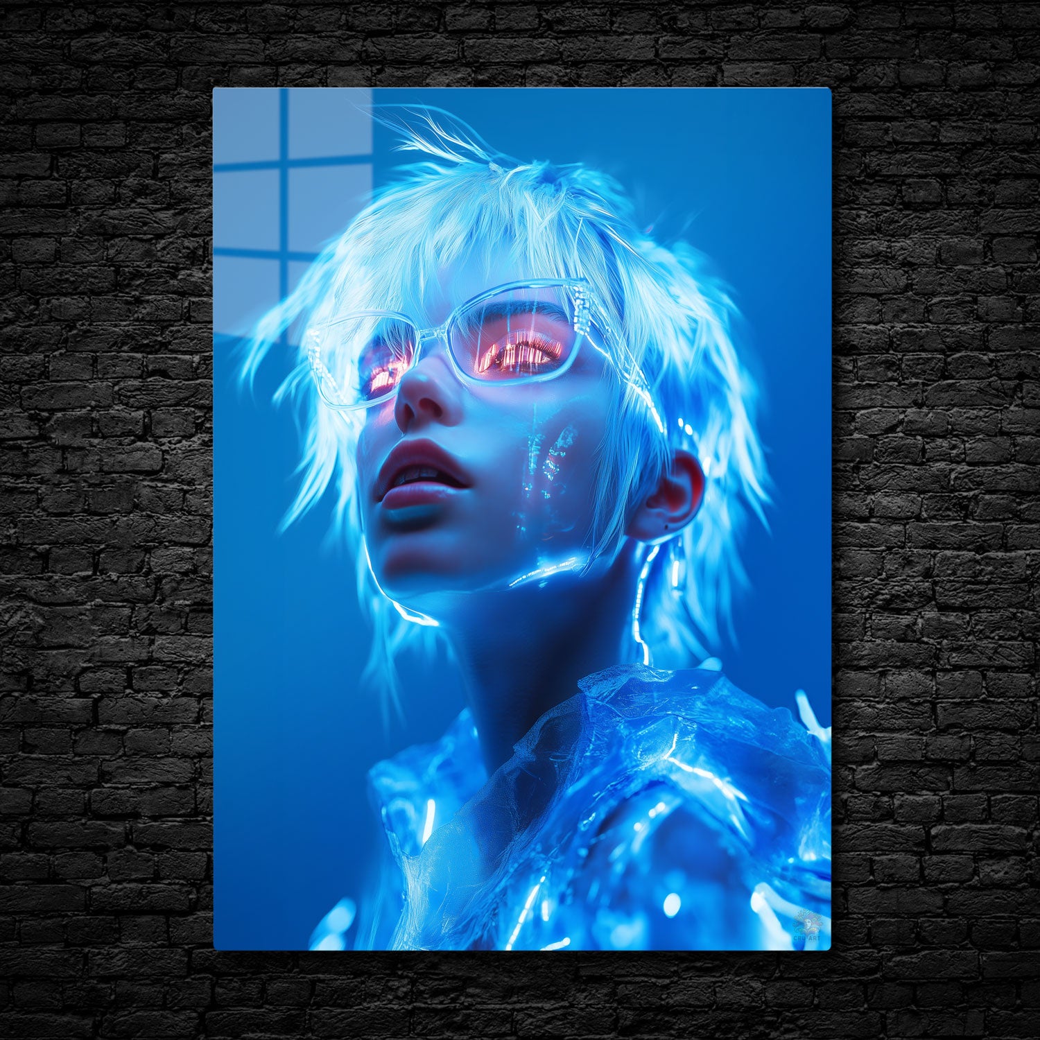 In "Neon Dreamer," a futuristic figure gazes upward, immersed in a world bathed in electric blue light. The glow of the neon city is reflected in her oversized glasses, creating a vivid contrast between the vibrant hues of her surroundings and the cool serenity of her expression.