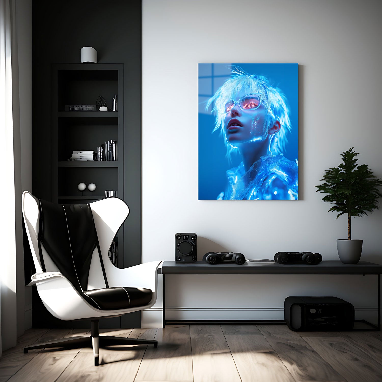 The delicate circuitry that lights up her skin hints at a deep connection to the digital realm, blending human and technology in perfect harmony.