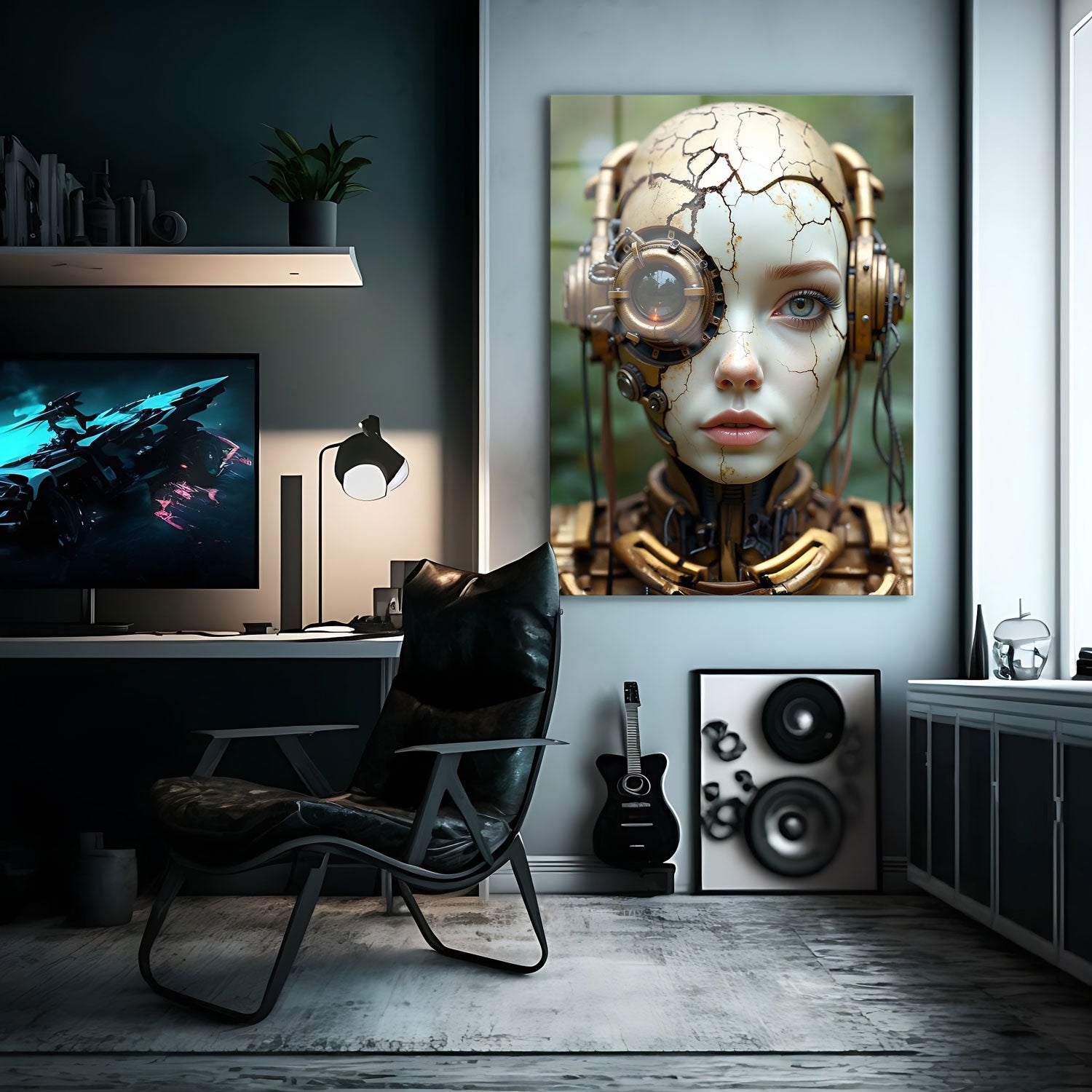 The figure’s cracked, porcelain-like skin tells a story of time and wear, as if the synthetic shell is breaking down to reveal the fragility beneath the robotic exterior.