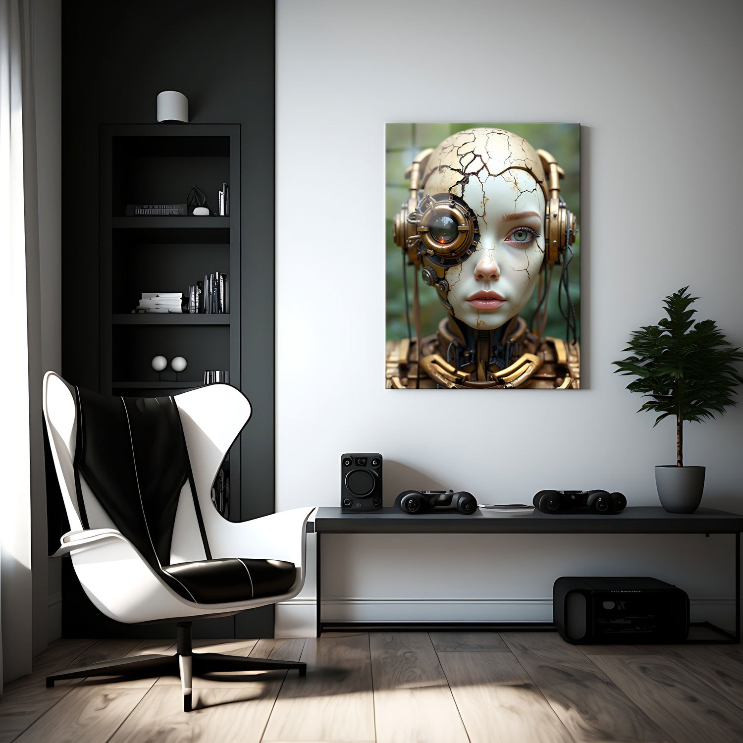 A single mechanical eye, surrounded by gears and circuitry, glows with a subtle light, hinting at the depth of intelligence within.