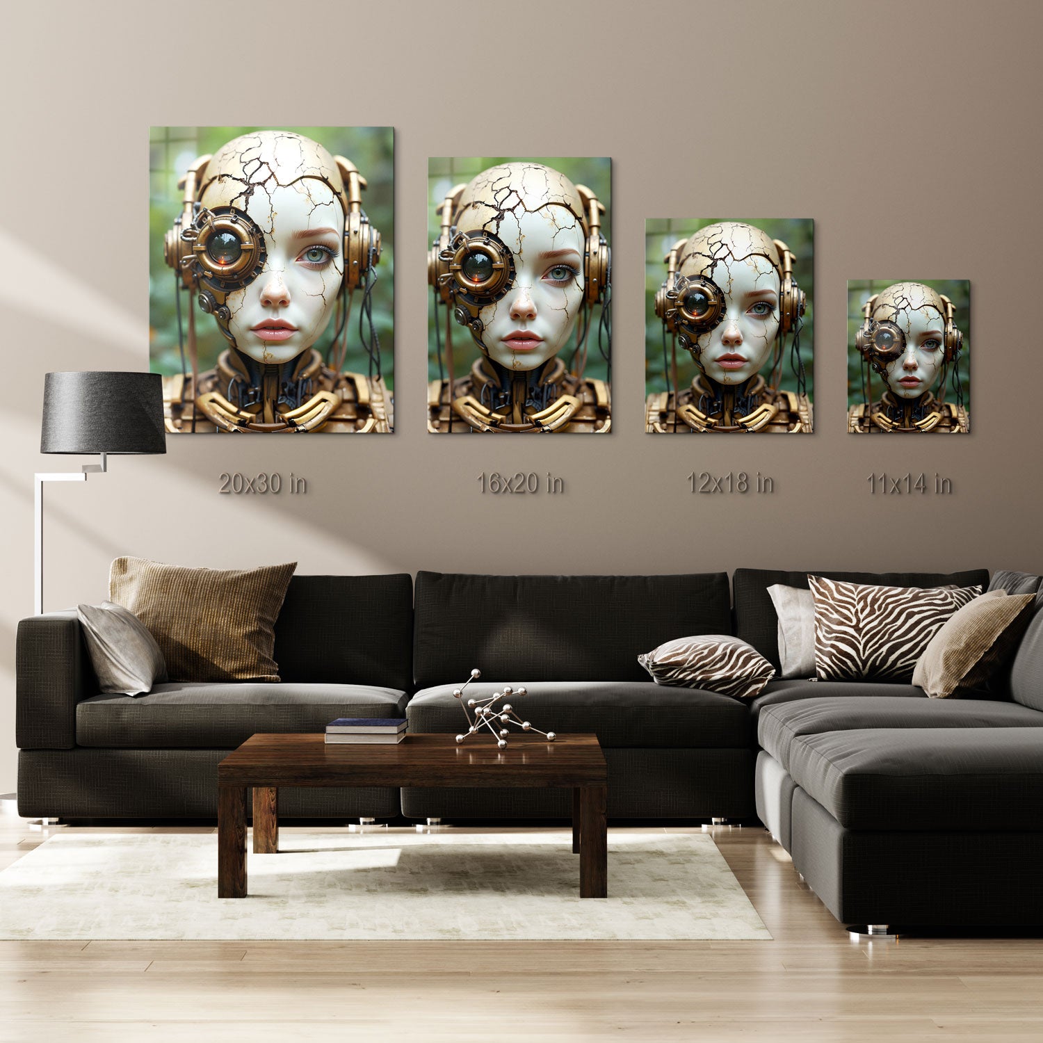 The golden, rusted framework around her head and neck contrasts with the organic softness.