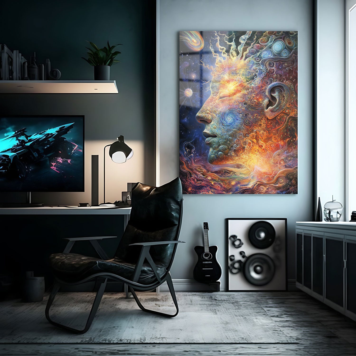 The figure’s face, composed of swirling galaxies, radiant nebulas, and vibrant cosmic energy, symbolizes the fusion of human thought with the infinite expanse of space.