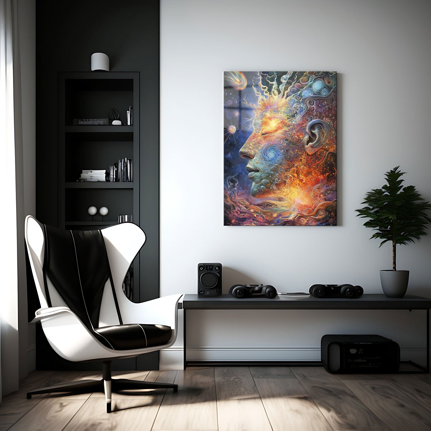 Bright bursts of light and intricate patterns of color flow through and around the head, as if the universe itself is pulsating with life and intelligence.