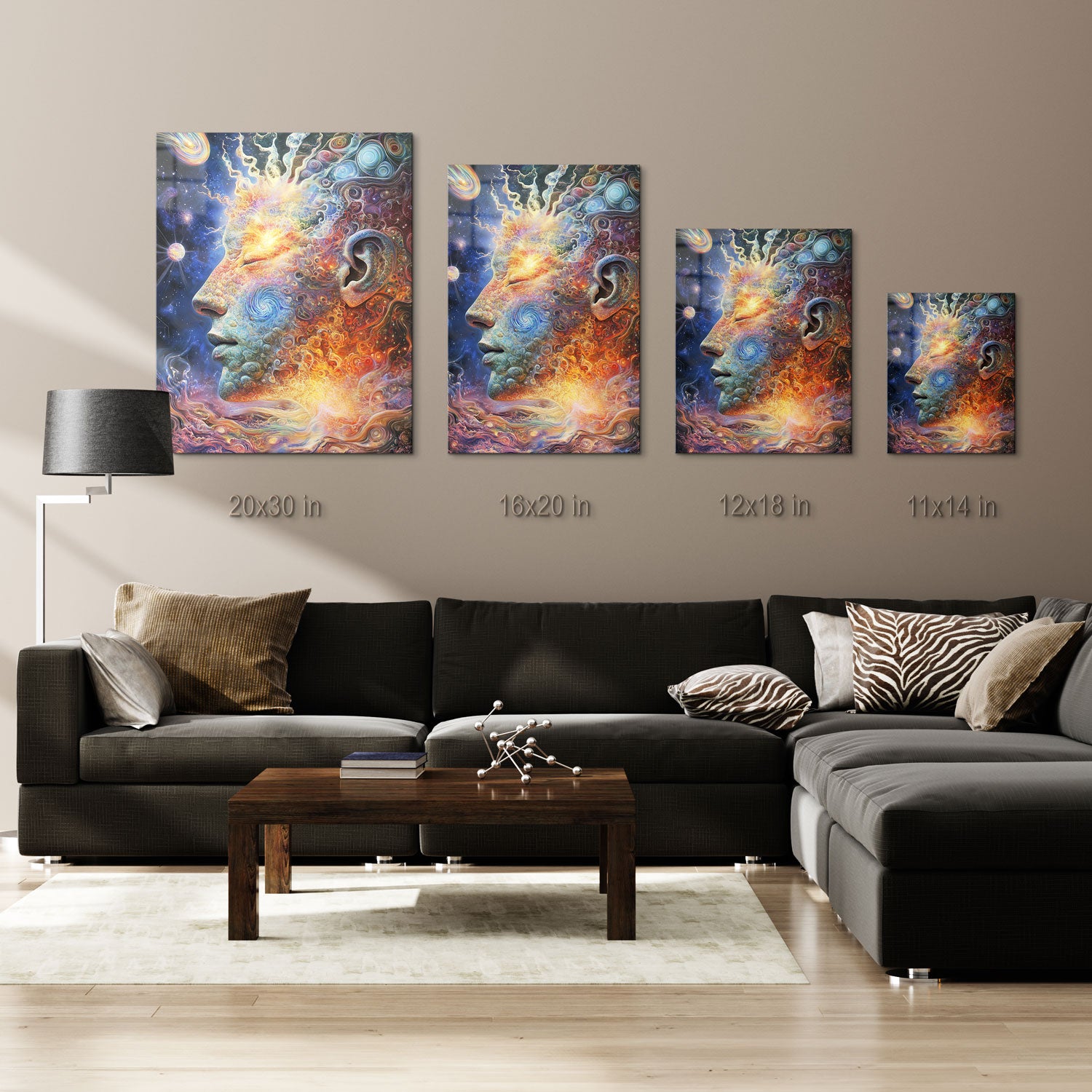 The serene expression on the figure’s face suggests an awakening to higher states of awareness, where the mind transcends earthly limits to become one with the cosmos.