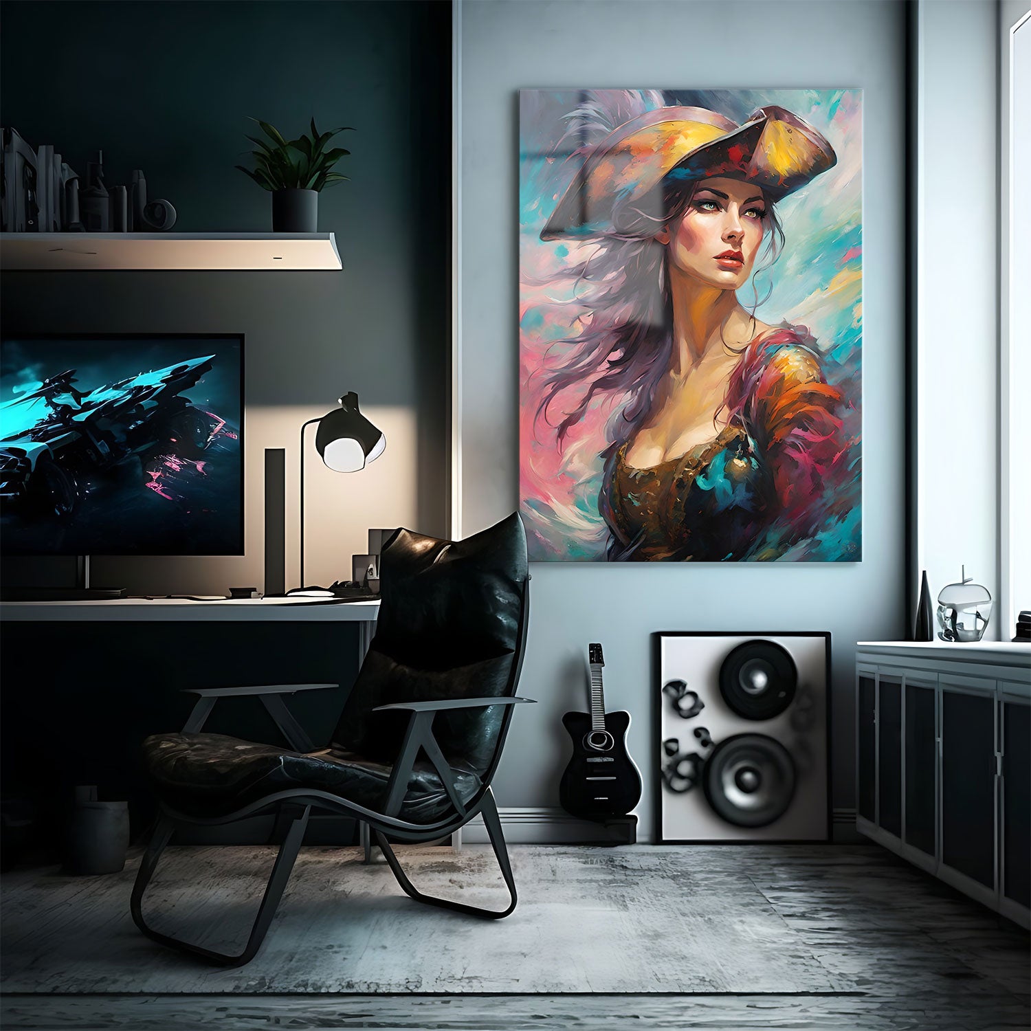 Her windswept hair and richly textured clothing, blending bold hues of red, gold, and teal, evoke a sense of motion and adventure.