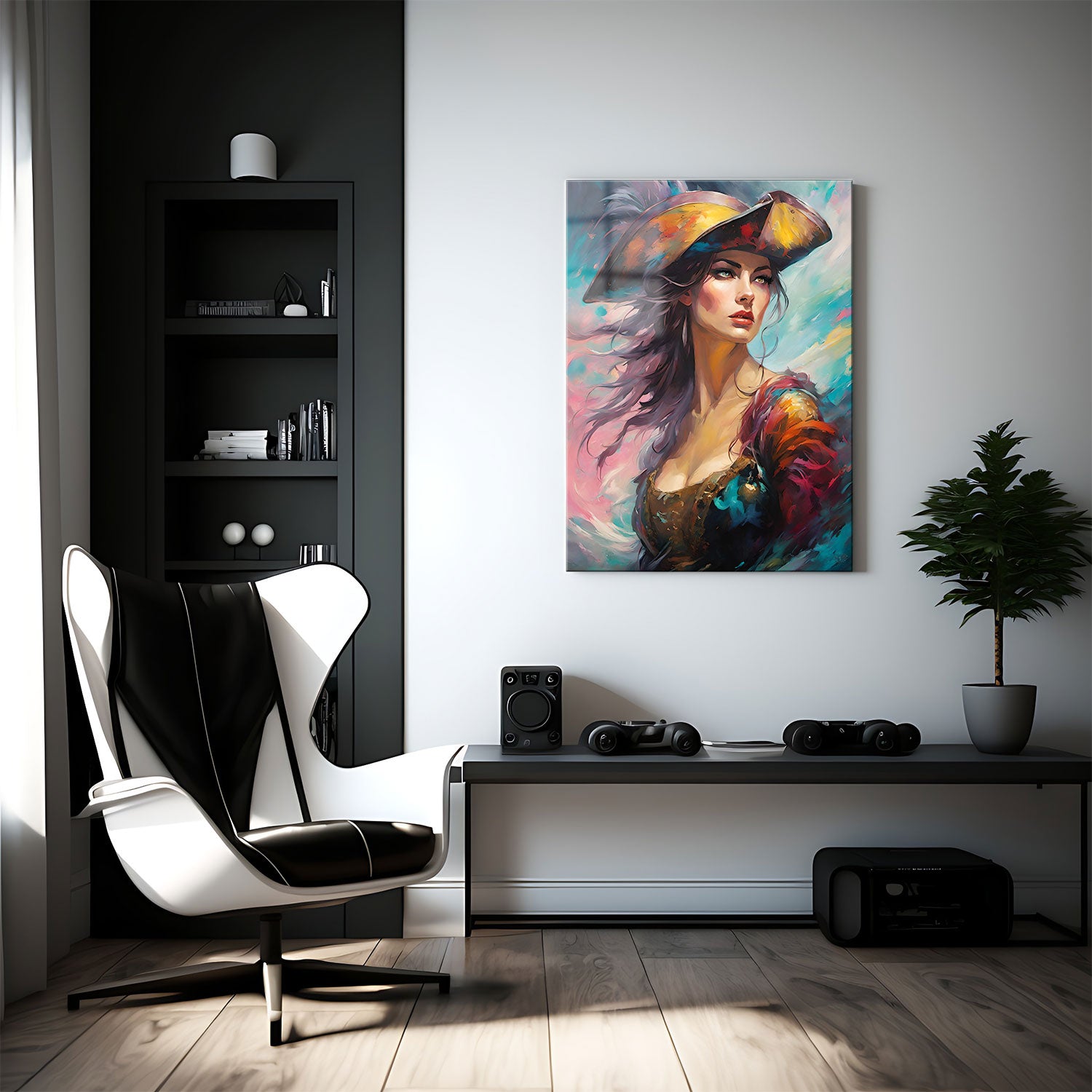 The swirling brushstrokes of the background create a dreamy, ethereal atmosphere, suggesting that she is not just a captain of the sea, but of the skies or another fantastical realm.