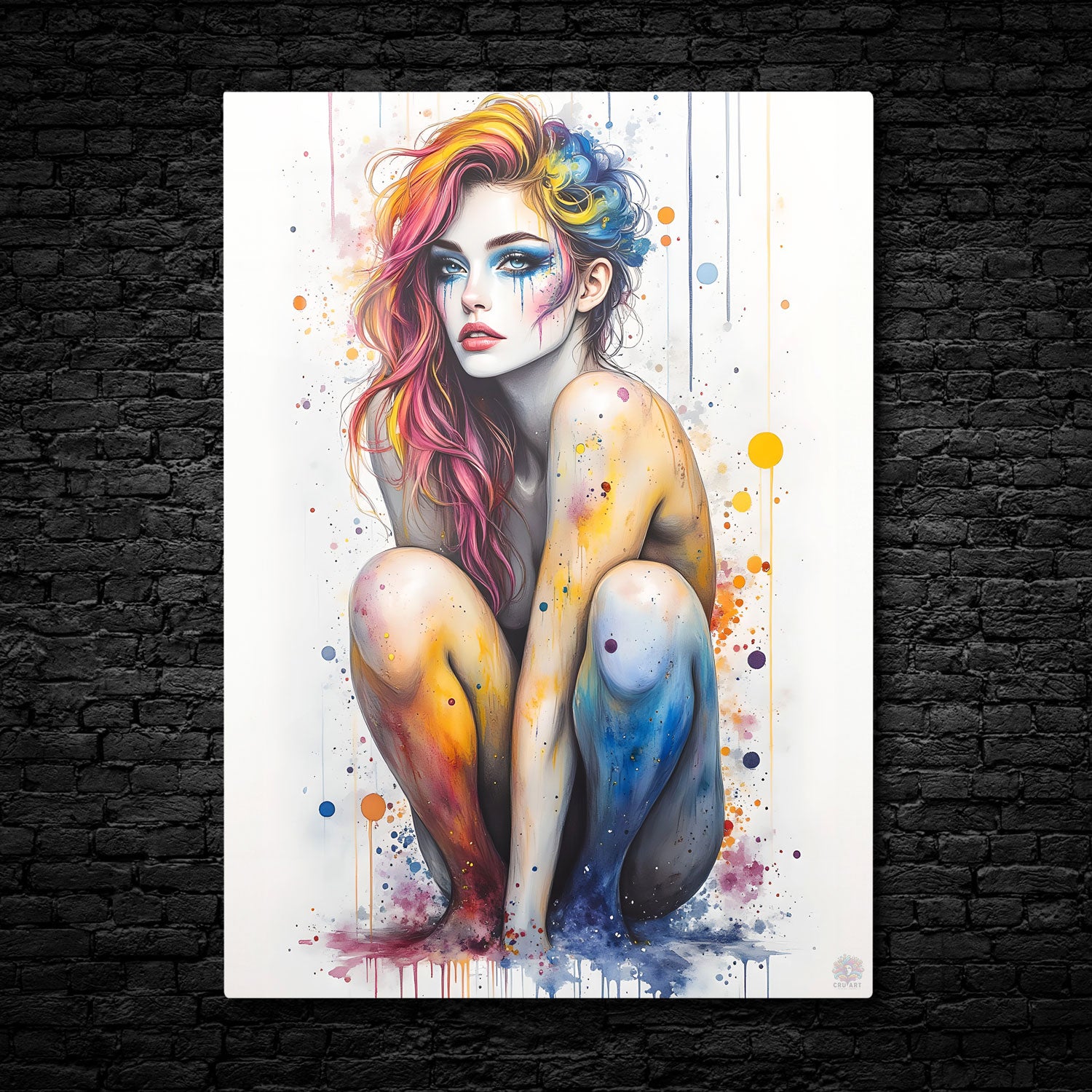 In "Prismatic Muse," the figure crouches gracefully, adorned in a cascade of vivid colors that flow from her skin like paint on a canvas.