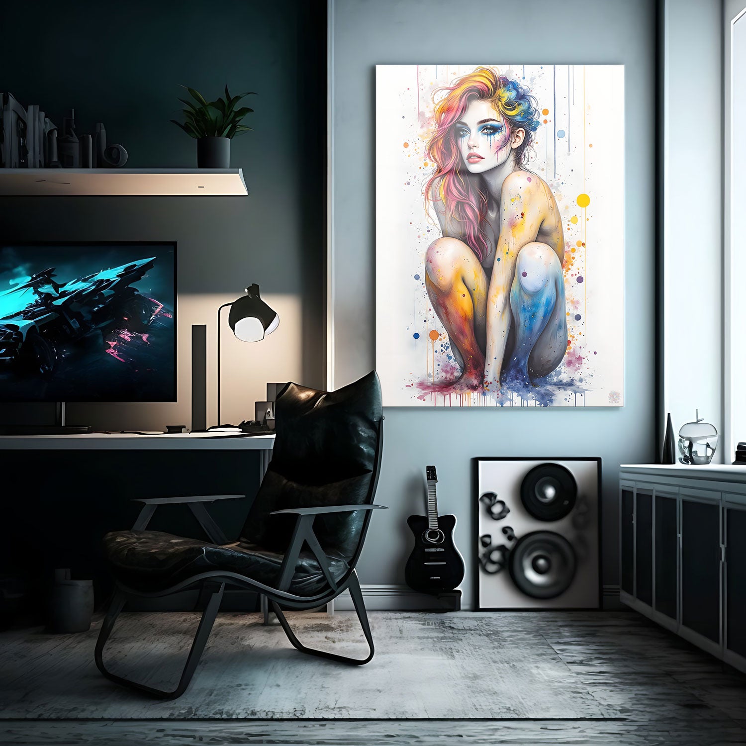 Her striking features are framed by vibrant, multi-hued hair that seems to embody the very essence of creativity and emotion.