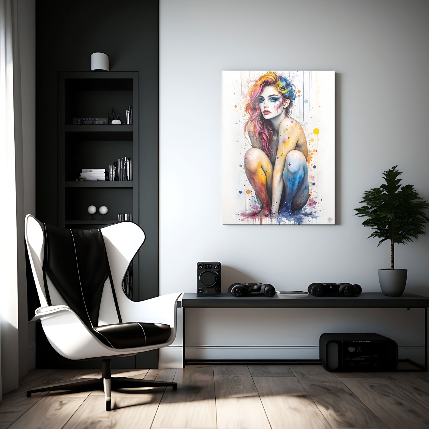 The splashes of color across her body, from fiery reds and yellows to cool blues and purples, represent the full spectrum of human experience—passion, sadness, joy, and introspection.