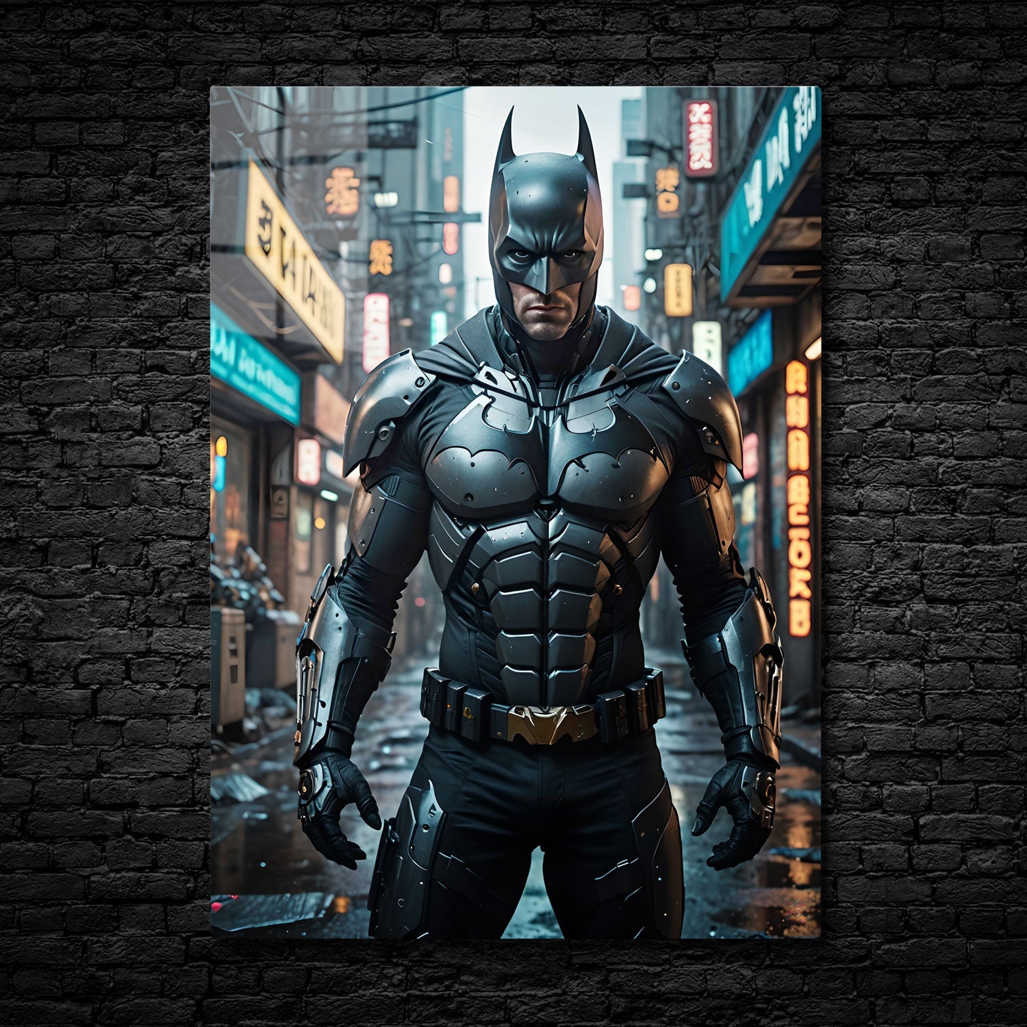 In "Knight of Shadows," a figure of immense strength and resolve emerges from the dimly lit streets of a futuristic cityscape.