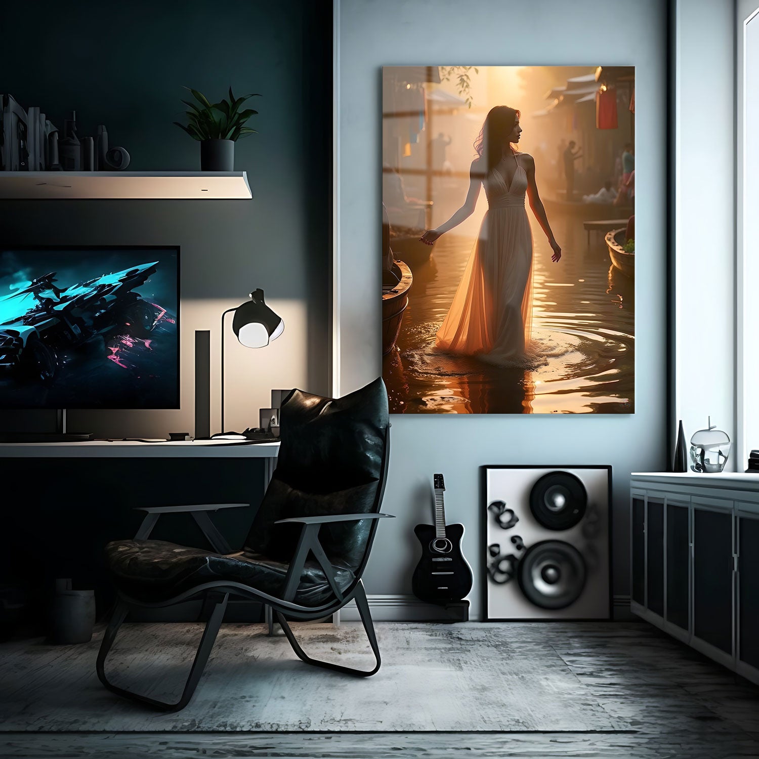 A graceful woman, dressed in a flowing gown, walks gently through the shallow water, her silhouette perfectly outlined by the amber hues of twilight.