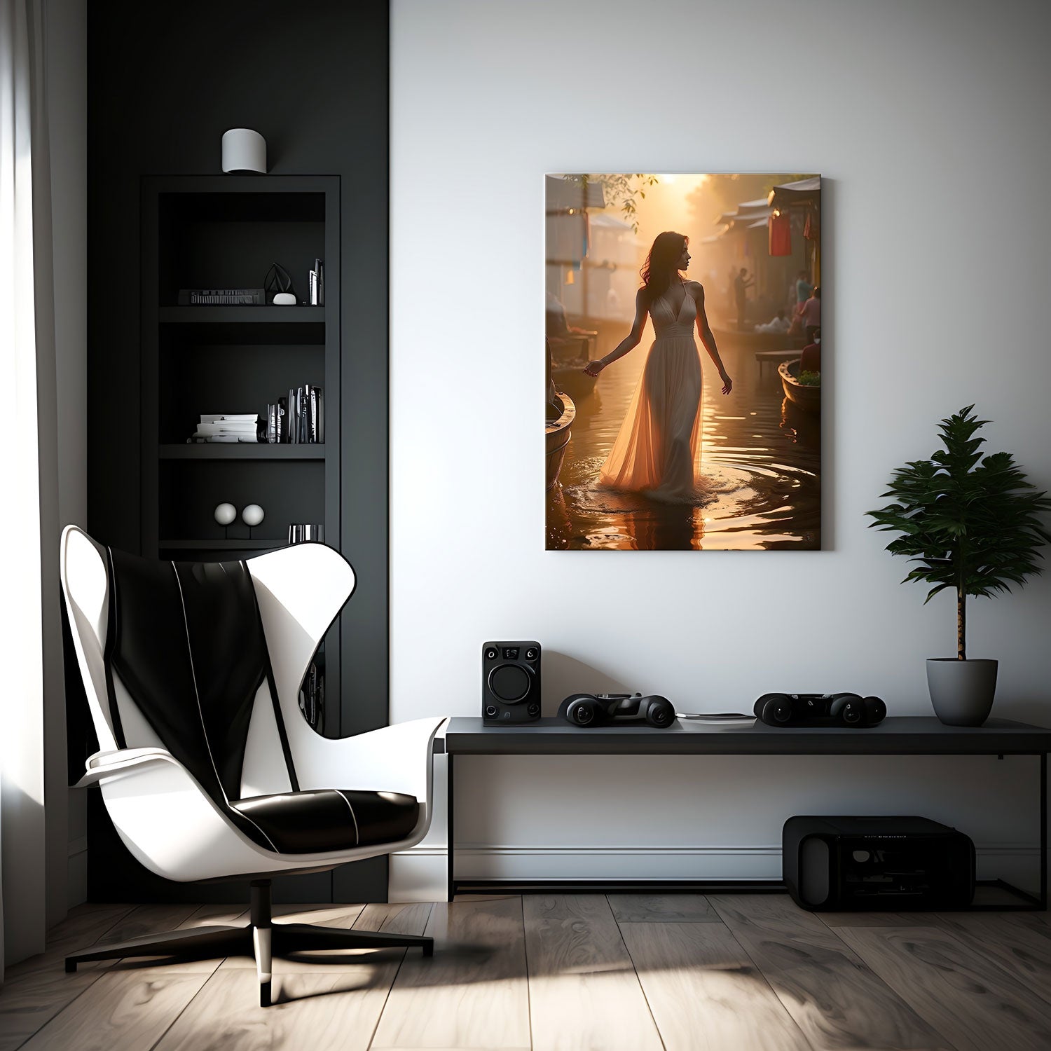 The tranquil setting, with small boats and distant figures blurred in the soft light, evokes a sense of peace and quiet reflection. Her delicate posture and the gentle ripples around her feet suggest a harmonious connection with nature, as if she is part of the fading day’s final song.