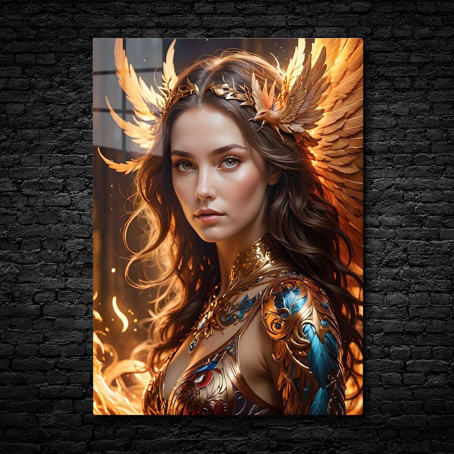 In "Phoenix Empress," a powerful and regal figure emerges from the glow of flames, her golden wings and ornate armor shimmering with the brilliance of a rising phoenix.
