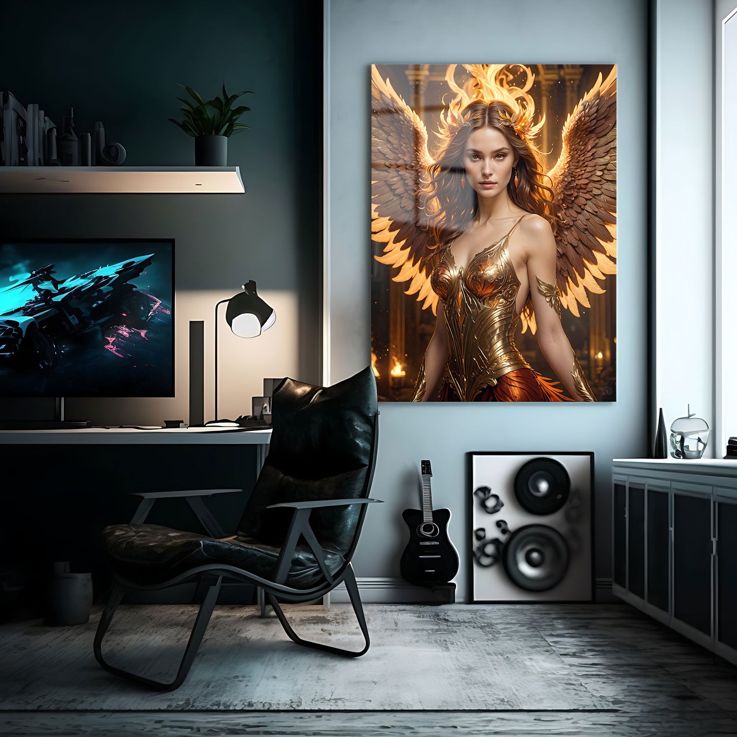 Clad in intricately crafted armor that gleams with molten gold and bronze, she embodies both grace and power. Her piercing gaze, framed by fiery golden laurels, commands respect and awe, while her flaming wings spread wide, symbolizing her dominion over the forces of creation and destruction.