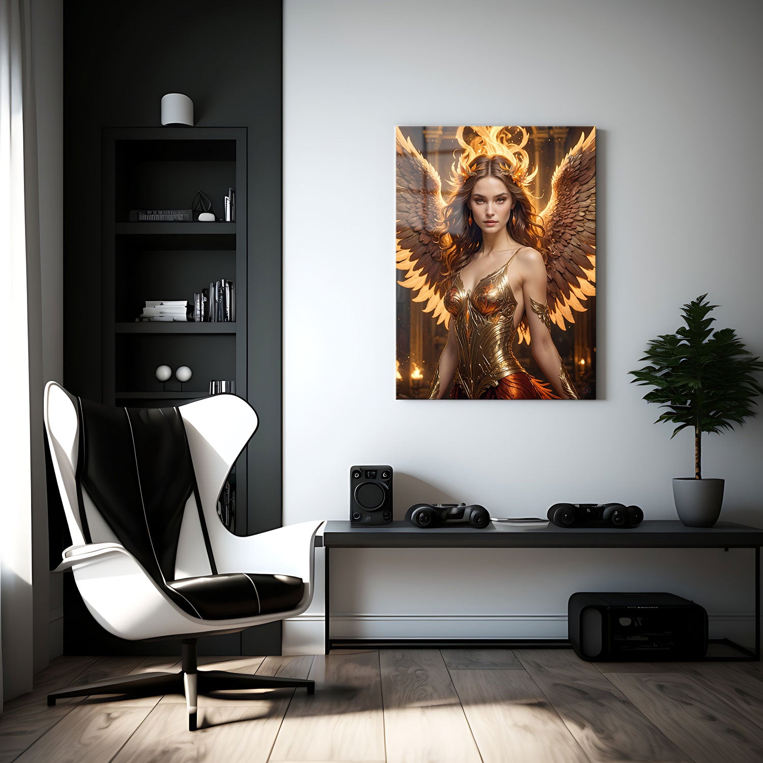 The flames rise from her crown like the essence of a phoenix, a testament to her unyielding spirit and the cycle of life, death, and resurrection.