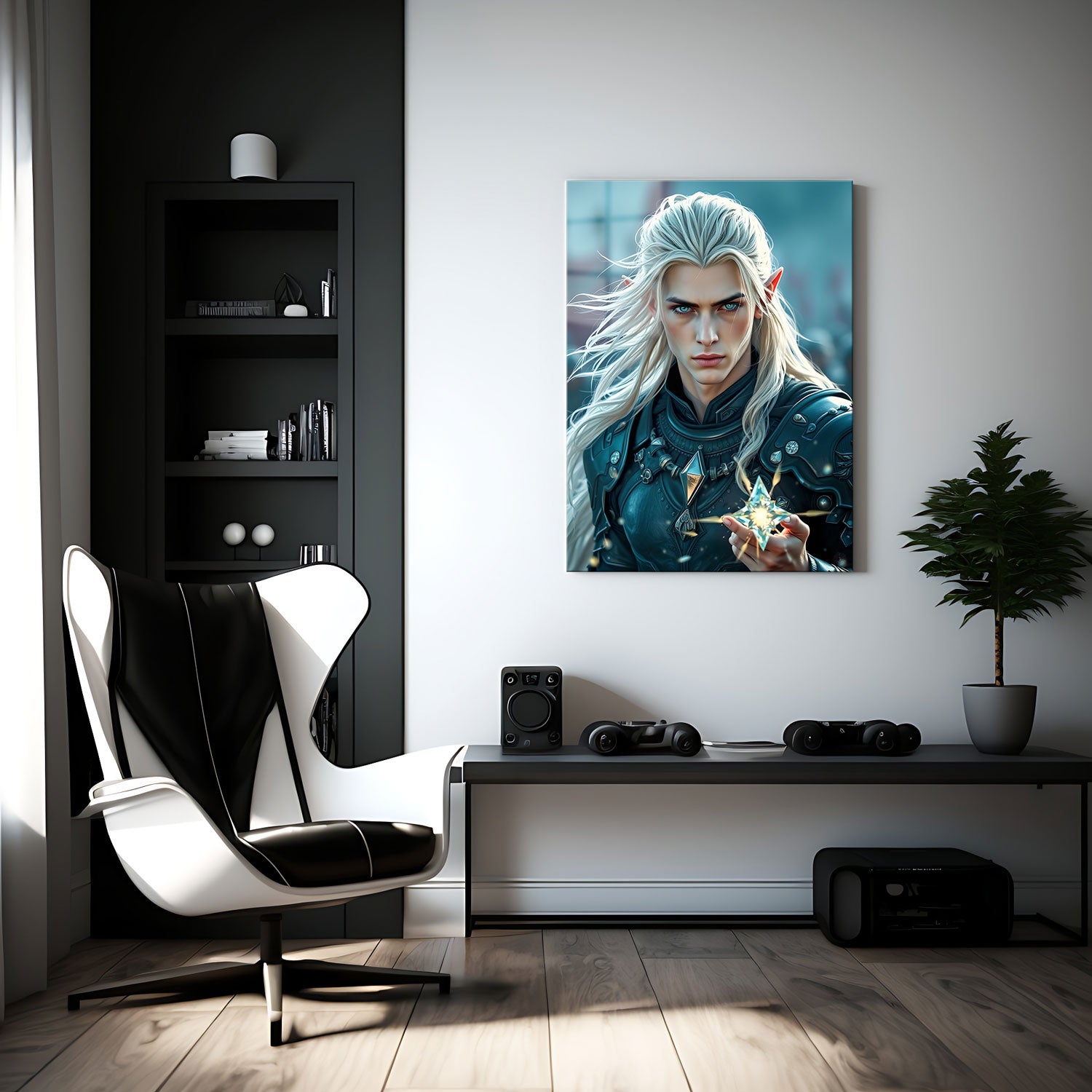 Clad in intricately designed black armor adorned with symbols of his mystical lineage, he holds in his hand a radiant star-shaped artifact, glowing with celestial energy.