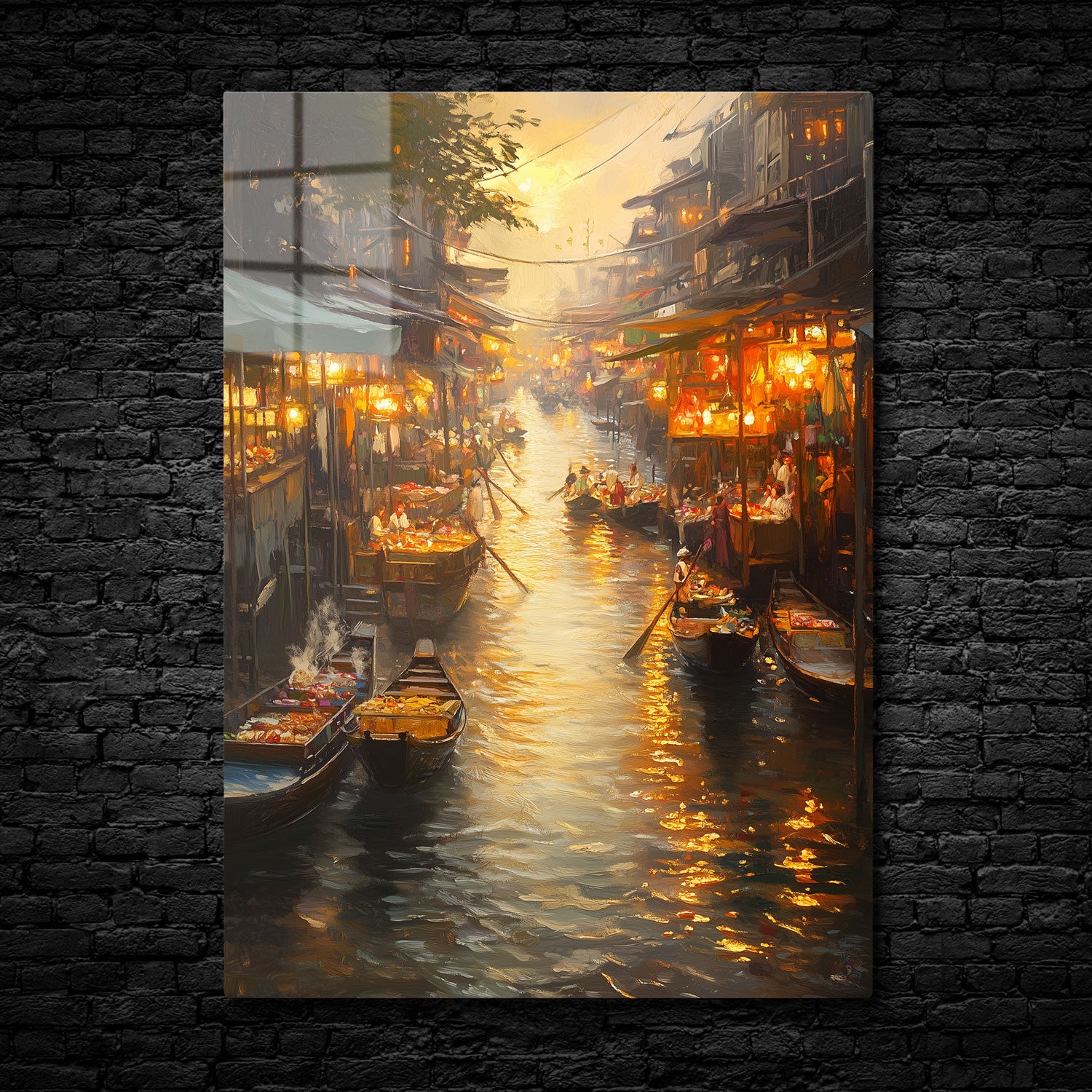 In "Golden River Market," the vibrant energy of a floating market comes alive at dusk, bathed in the golden glow of lanterns and the fading light of the setting sun.