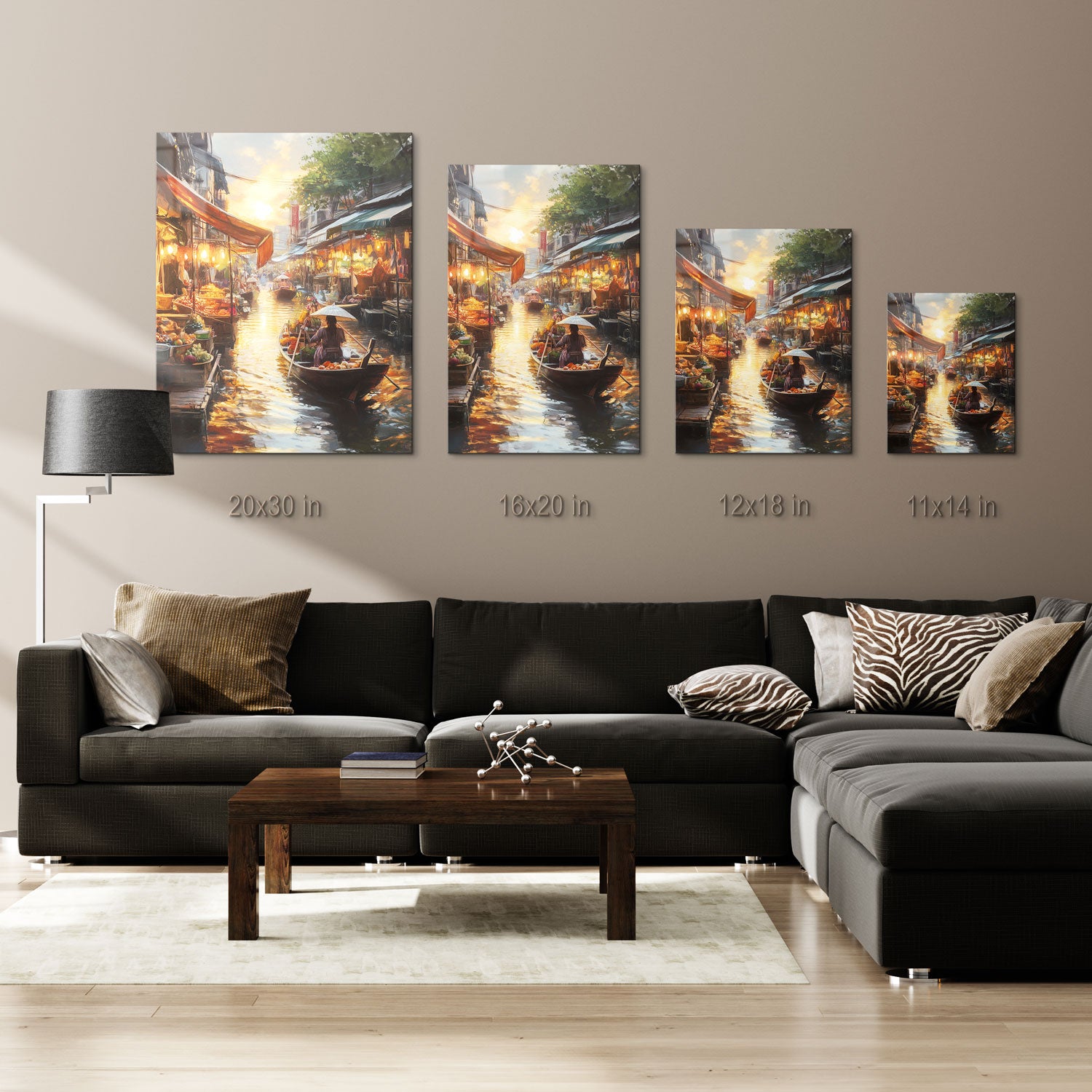 The scene captures the timeless essence of daily life by the river, framed by the vivid hues of sunset and the soft rustling of awnings in the breeze. With its rich colors and serene atmosphere, "Sunset Reflections at the Market" evokes the harmony between nature and tradition, a moment of peaceful commerce as the day fades into night.