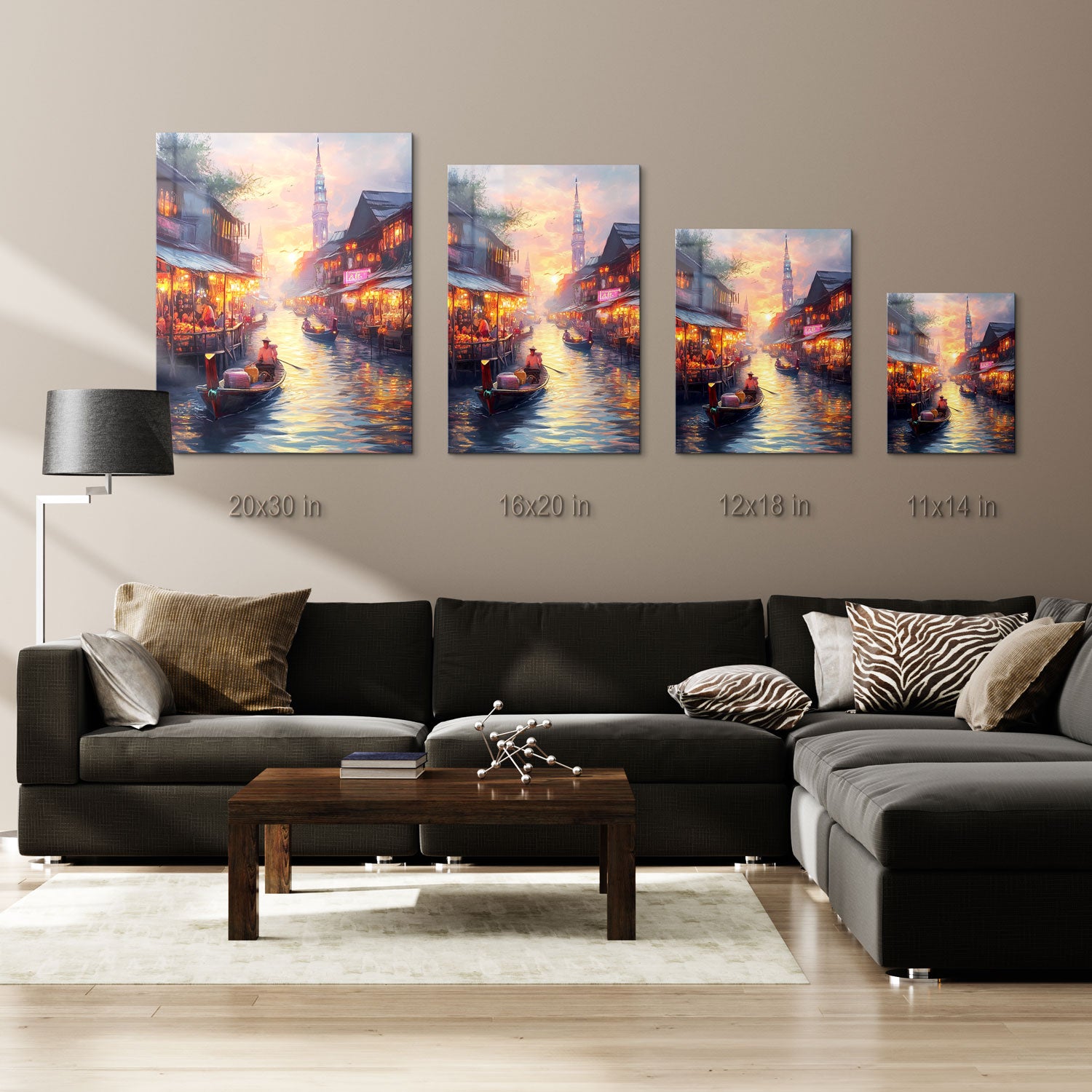 The scene captures a harmonious balance between the serenity of nature and the lively energy of commerce, as the market pulses with life amidst the calm of twilight.