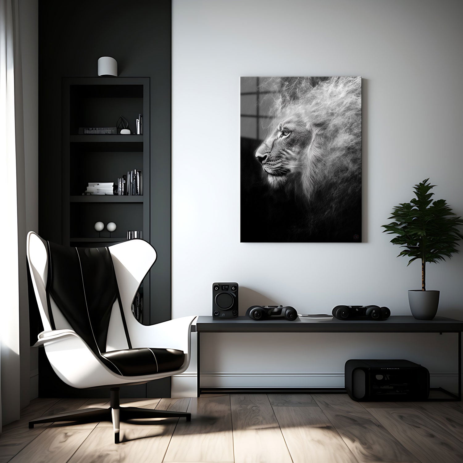 The monochromatic palette adds to the intensity of the piece, highlighting the lion's piercing gaze and majestic form.