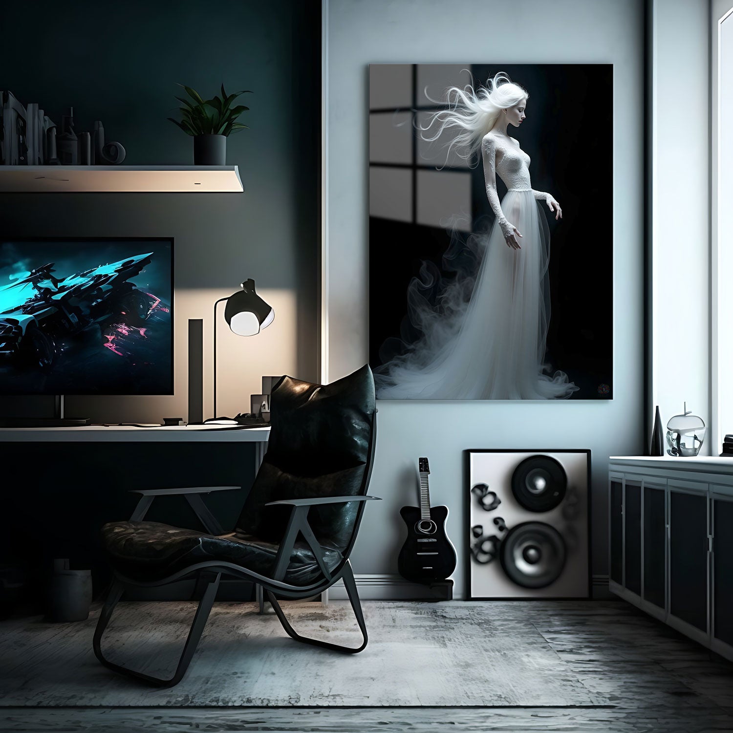 The figure, adorned in a flowing white gown, seems to hover between worlds, her hair and dress merging with the surrounding mist.