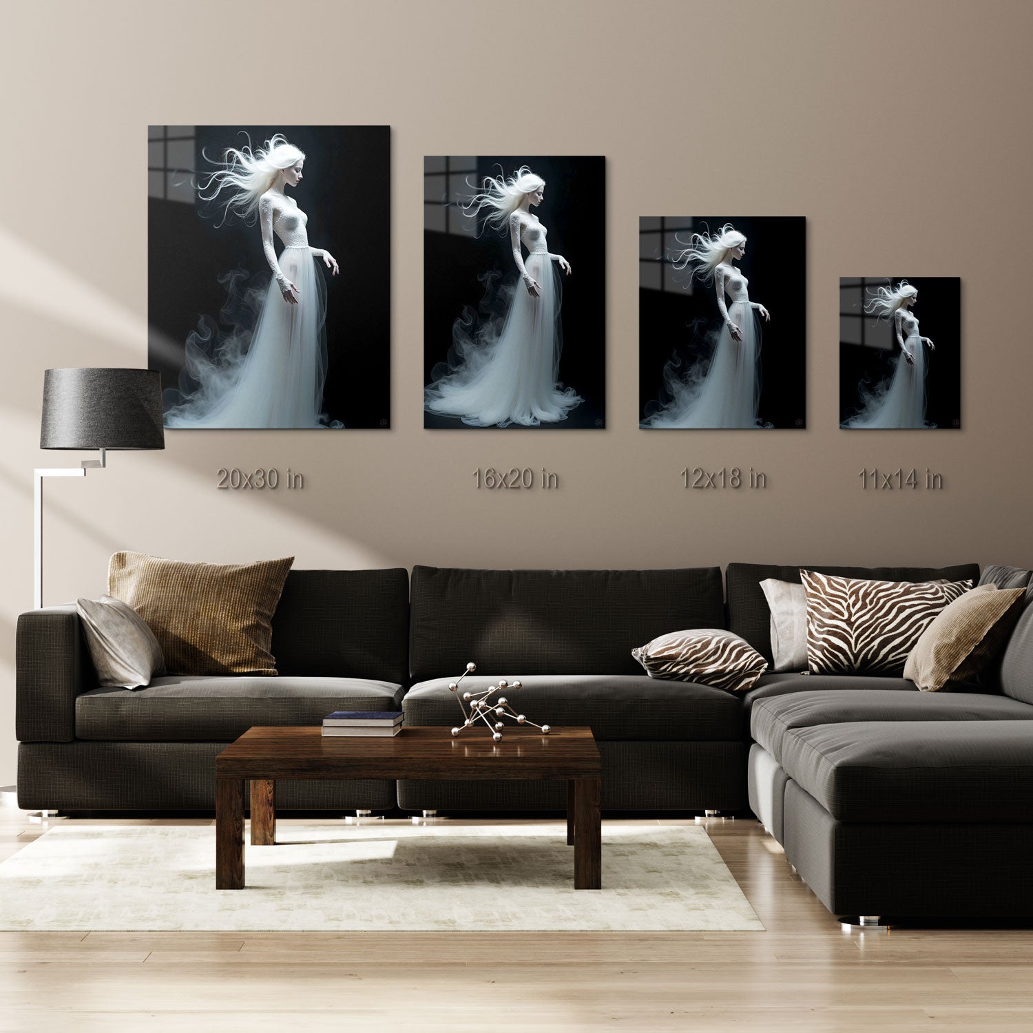 The composition evokes a sense of otherworldly calm, as if she's a spectral figure gliding silently through the night.