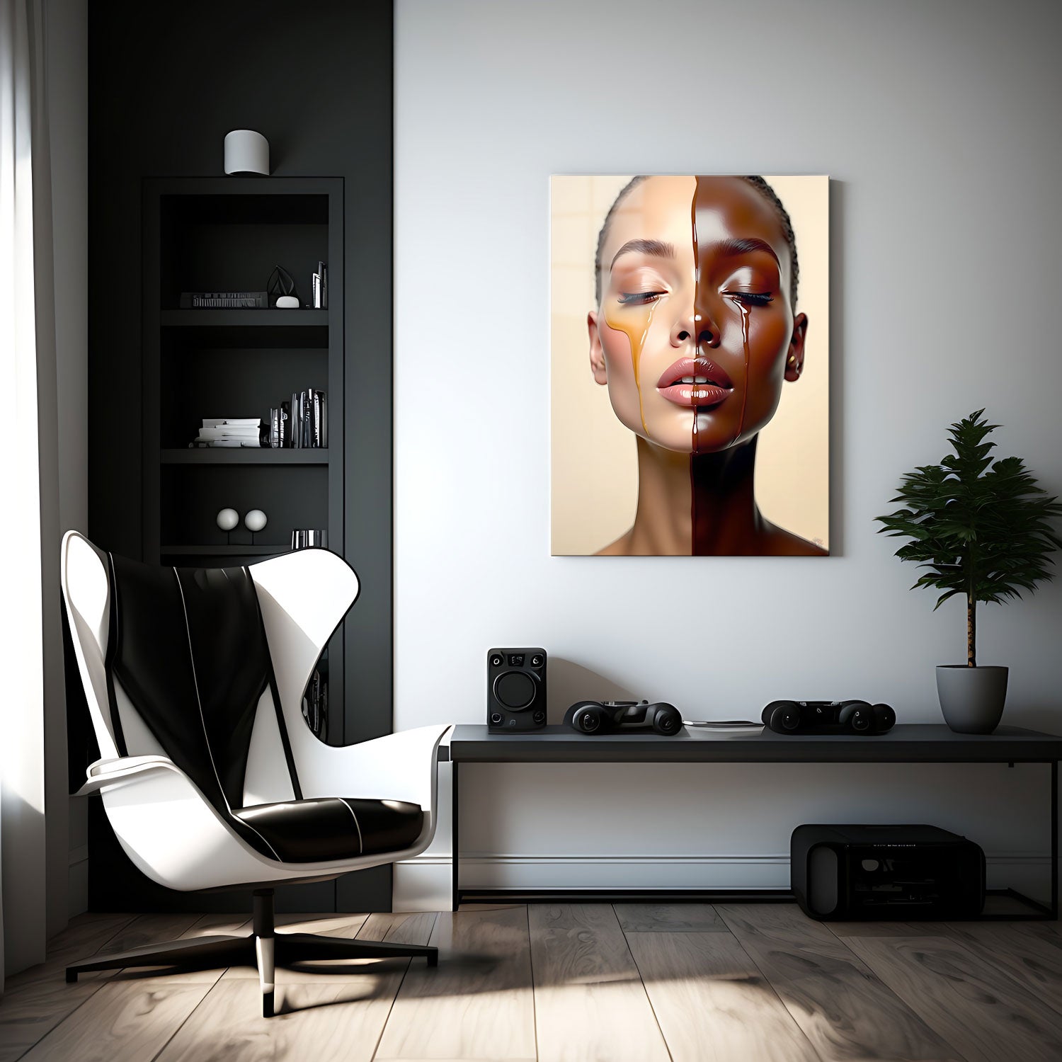 The subtle contrasts between the warm, natural shades emphasize unity, while the closed eyes of the subject suggest a peaceful acceptance of both individuality and interconnectedness.